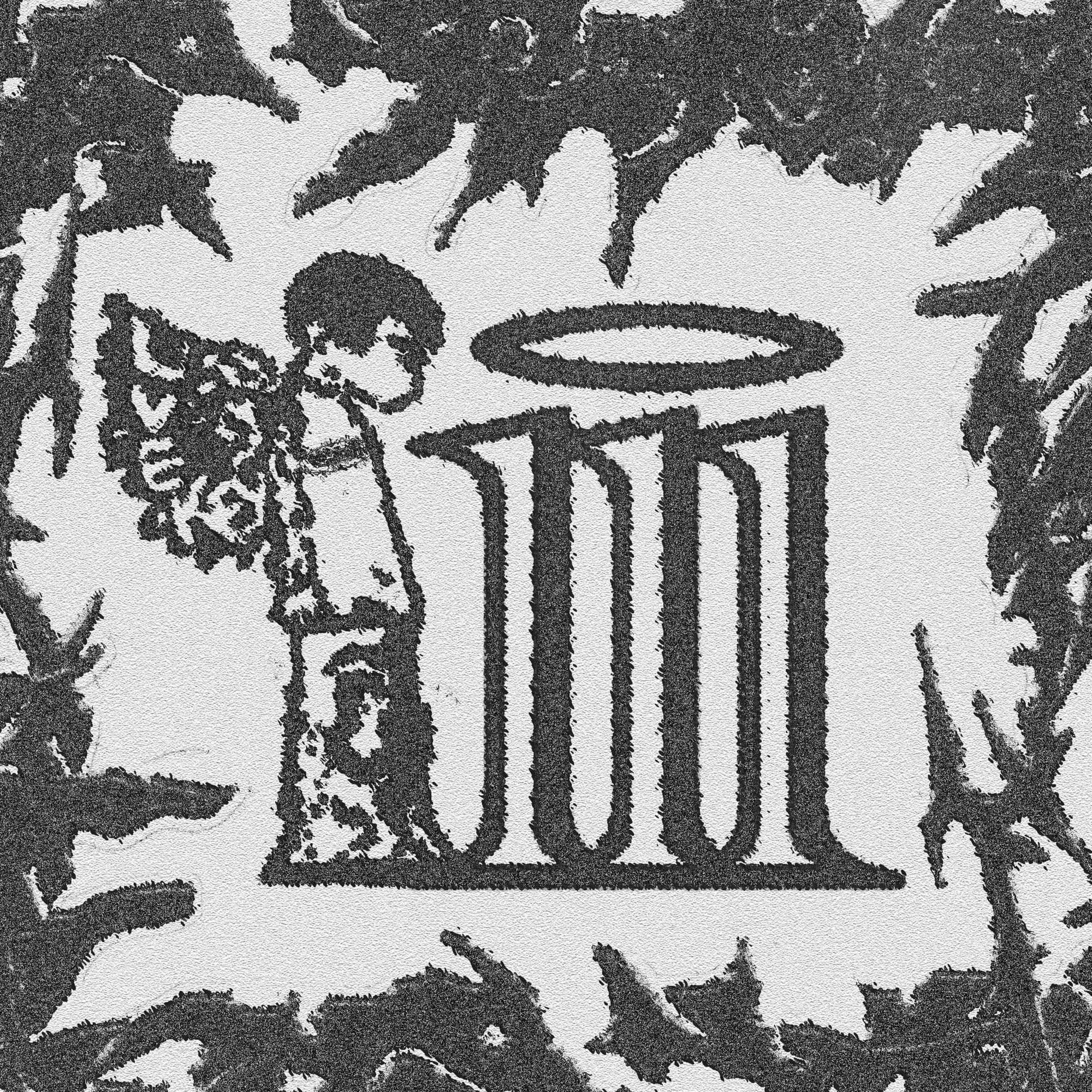 Cover of 111 by Uve Key: a rough black and white print of a small angel leaning on a blackletter 111 crowned with a halo, framed by thorny leaves