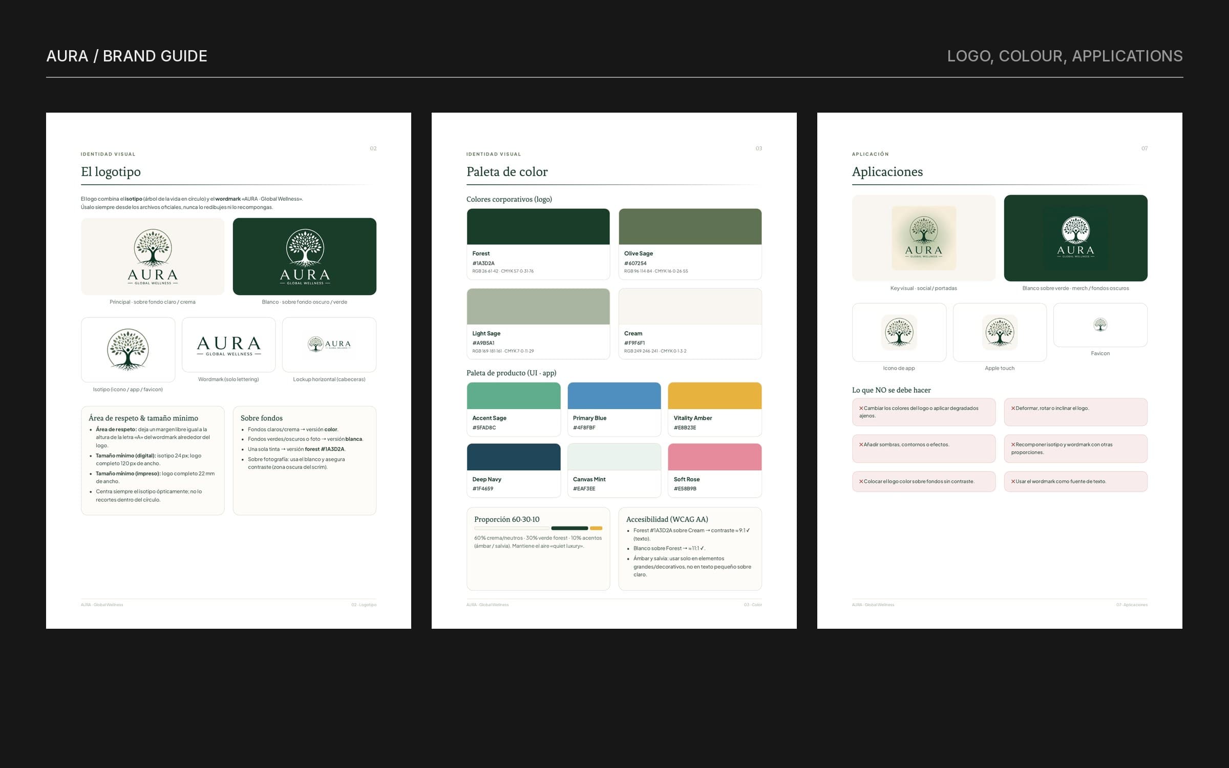Three pages of the AURA brand guide: logo, colour palette and applications