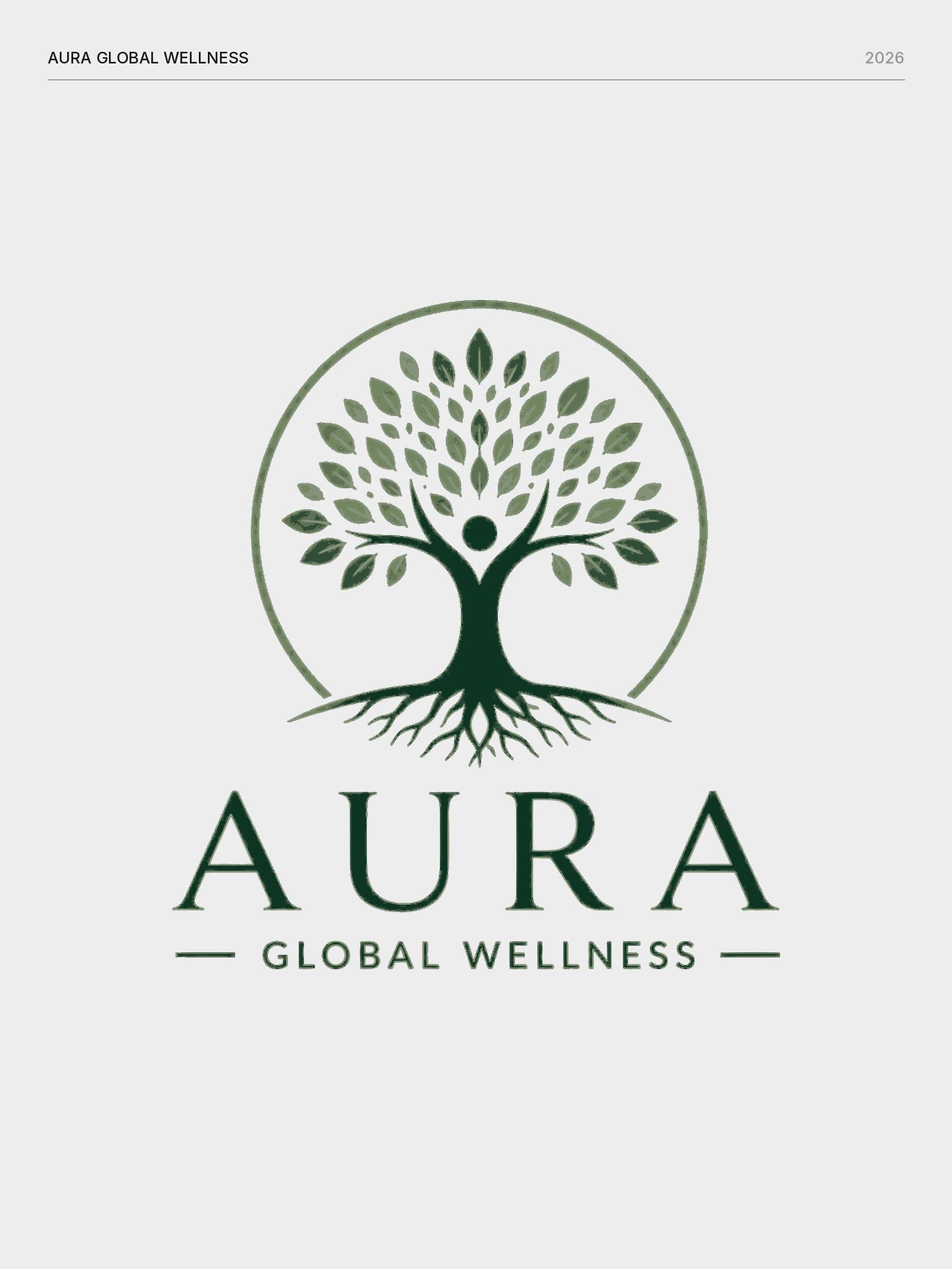 The AURA Global Wellness logo, a tree of life inside a circle above the word AURA, in deep greens on a light grey background