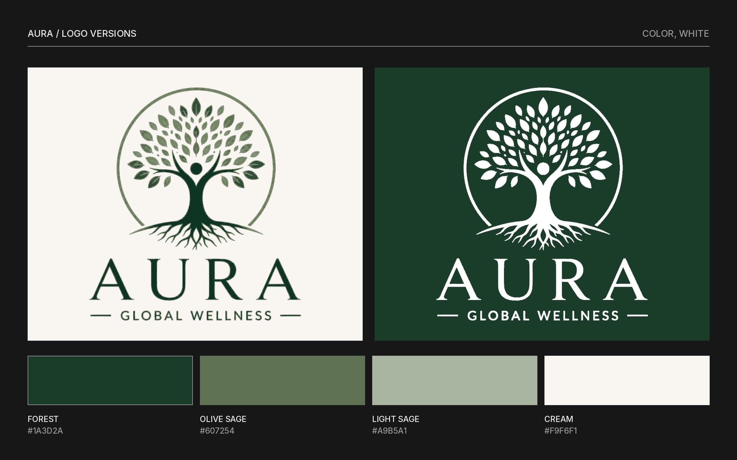 AURA logo in colour on cream and in white on forest green, above four colour swatches