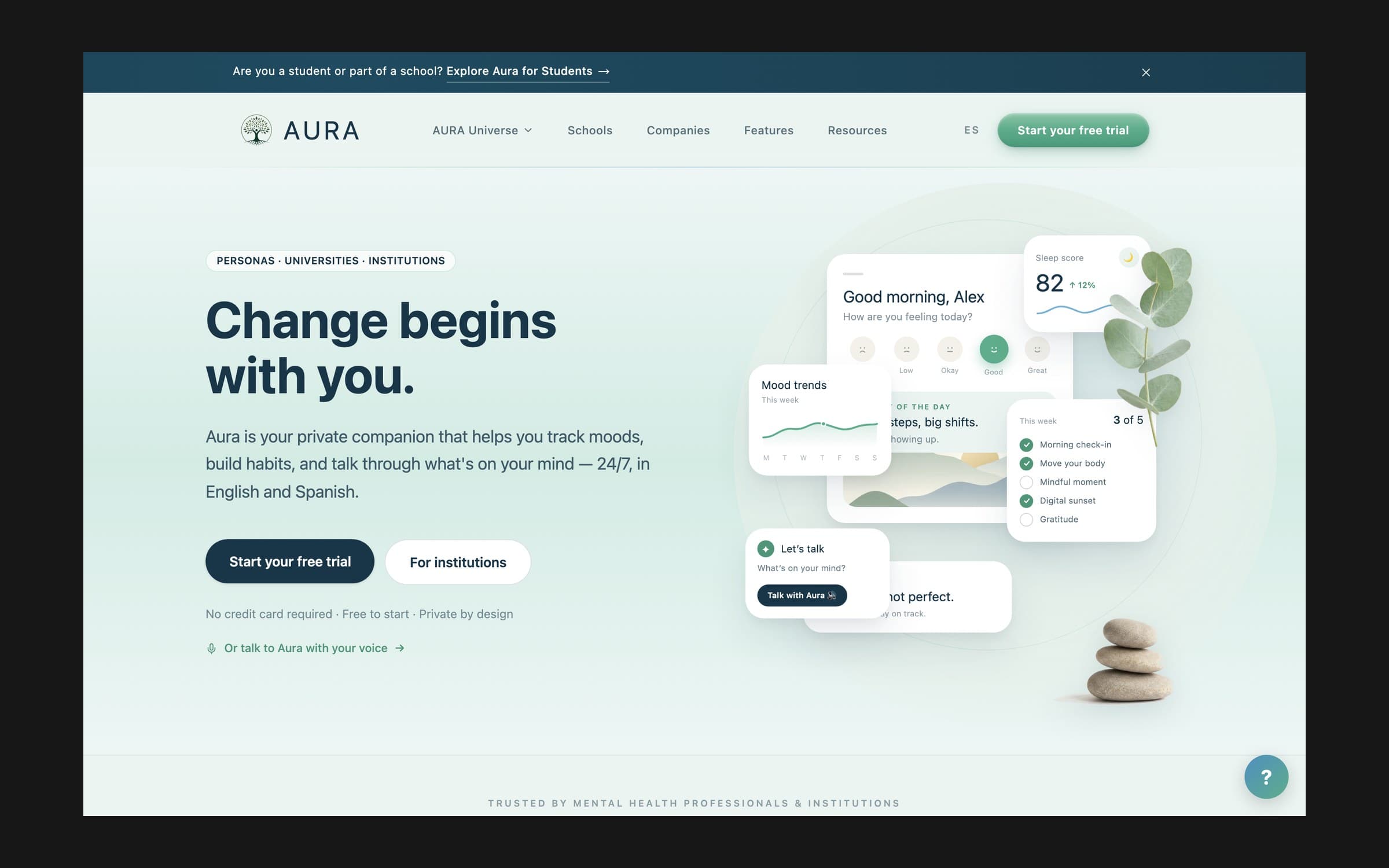 Desktop screenshot of the auragw.com landing page with the headline change begins with you