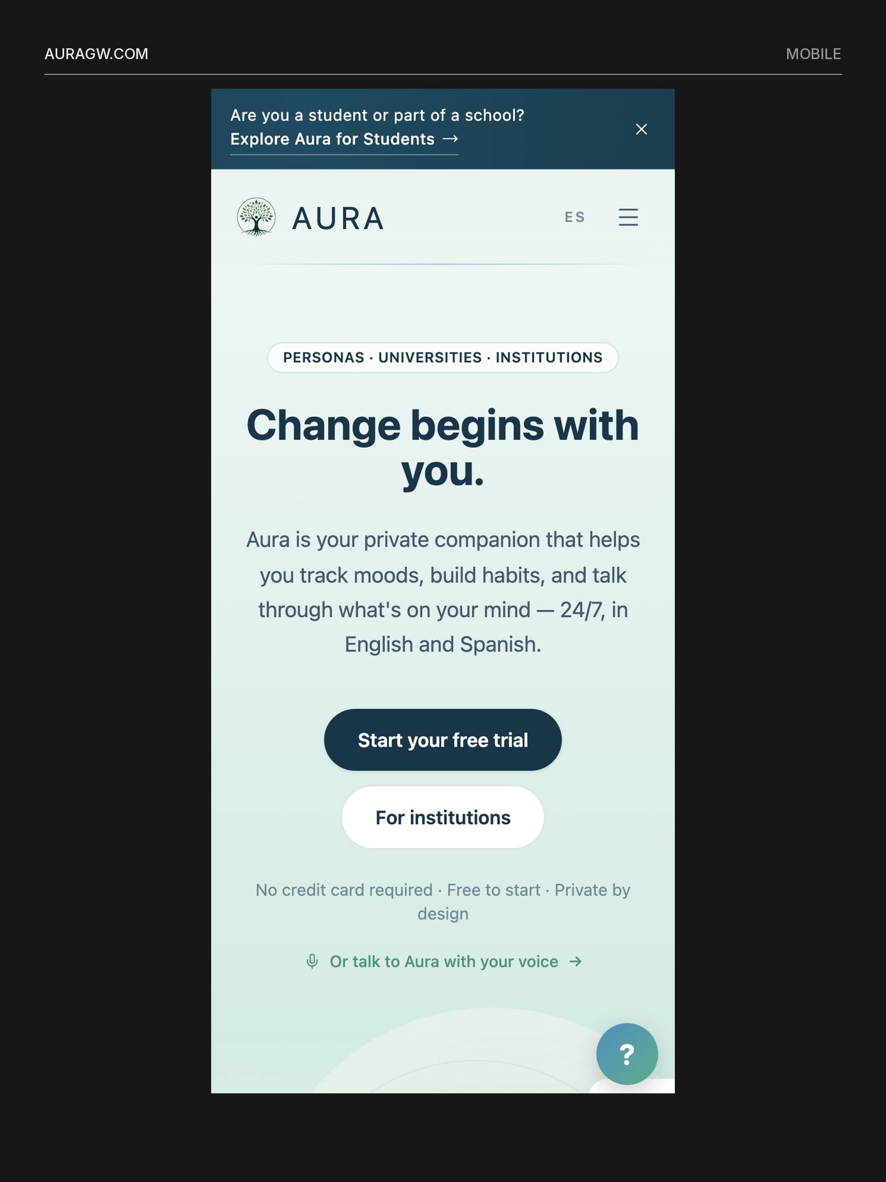 Mobile screenshot of the auragw.com landing page