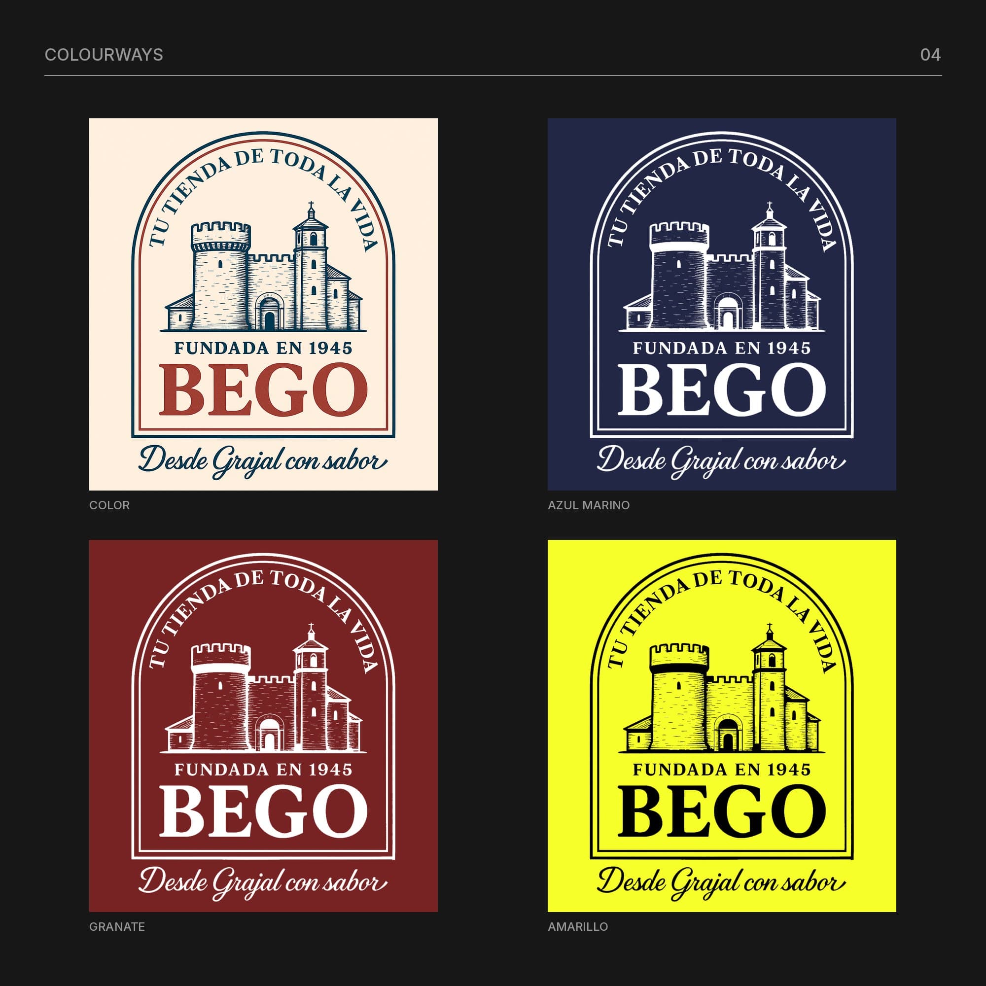 Four colourways of the Bego badge: full colour on cream, white on navy, white on maroon and black on yellow