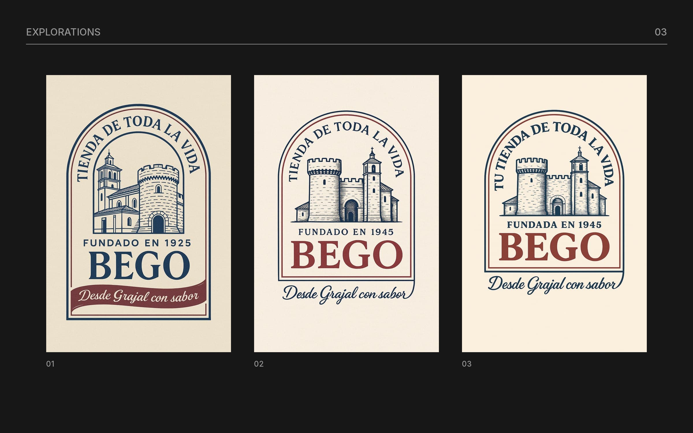 Three early versions of the Bego badge on cream paper, with different building drawings and framing