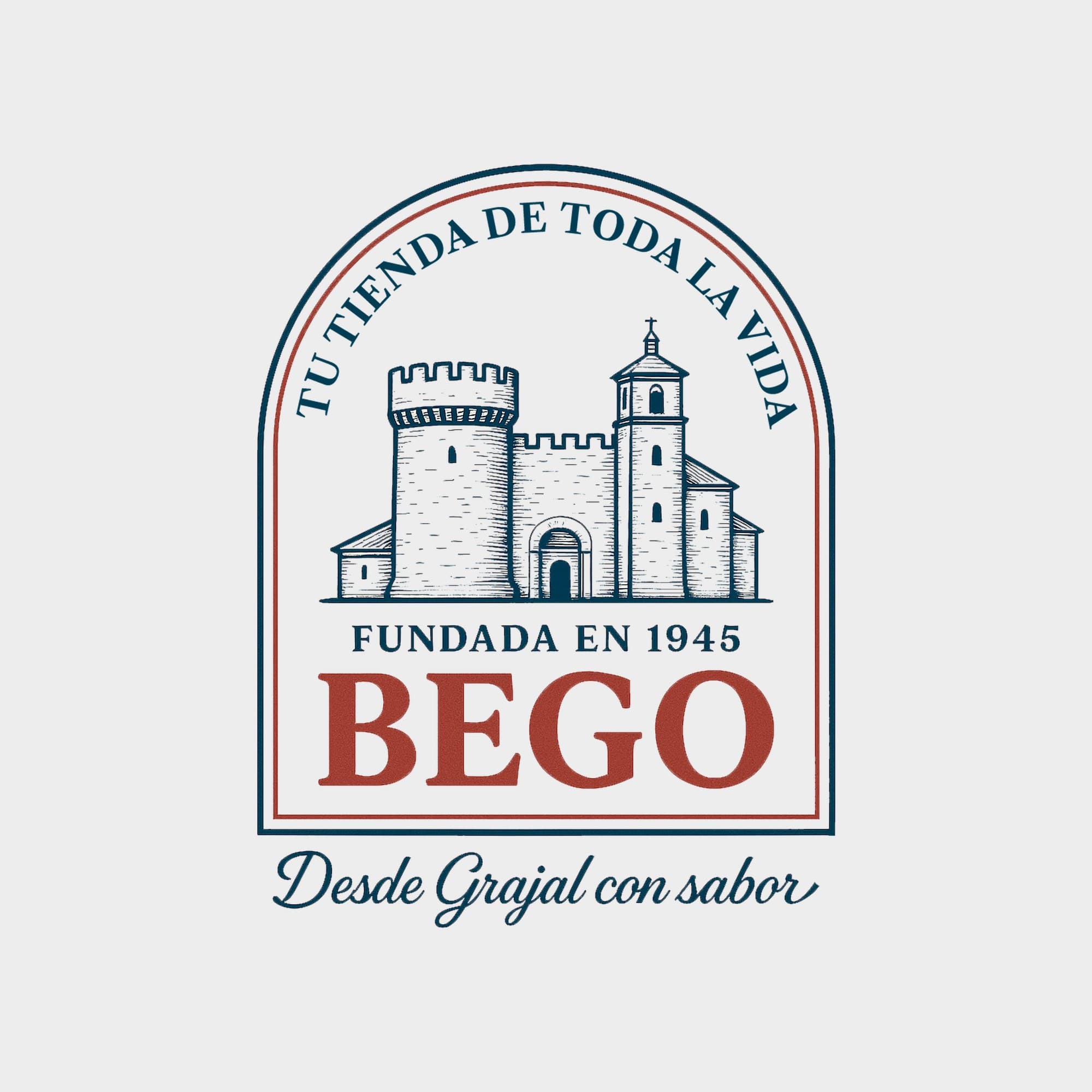 Full colour Bego badge in navy and red on a light background