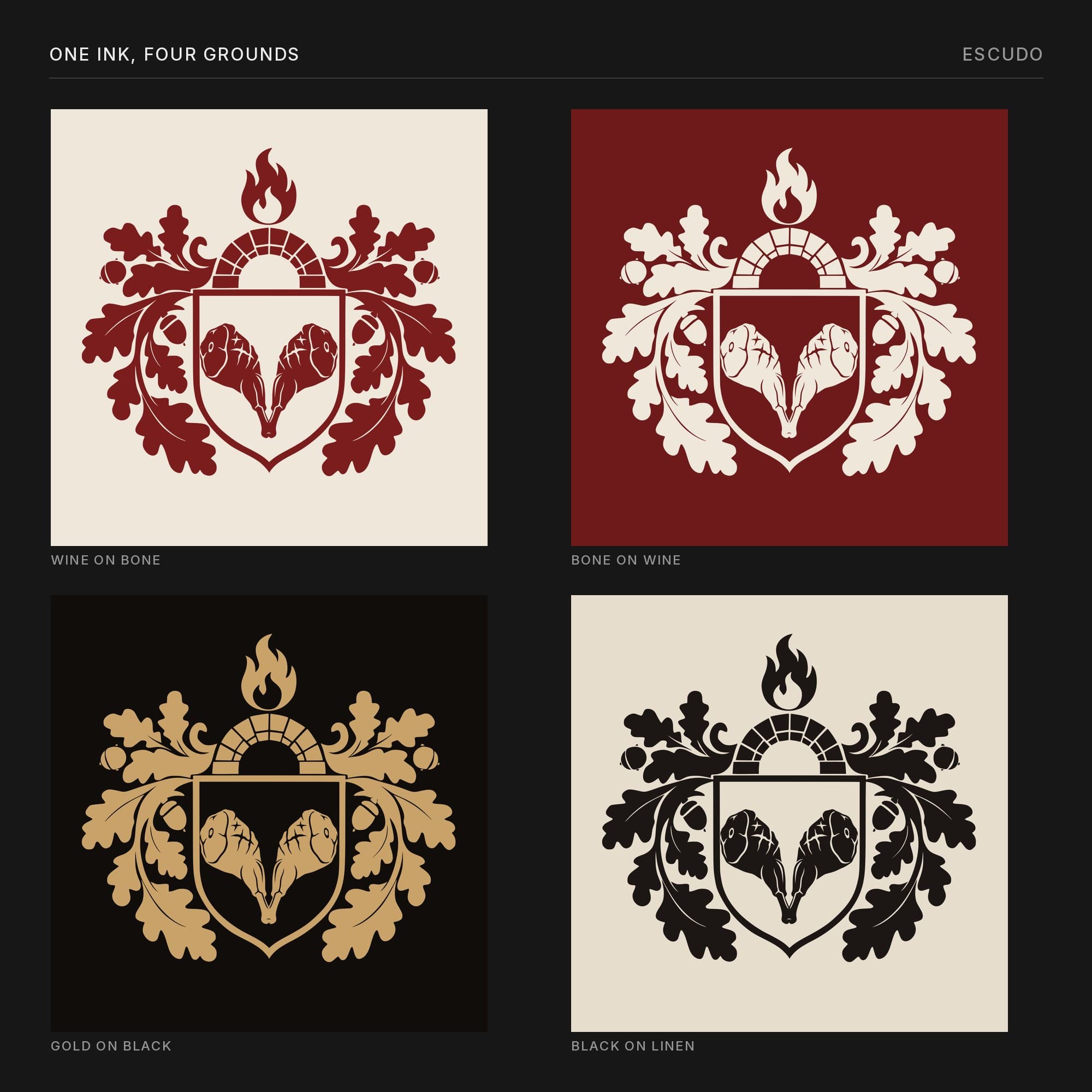 The crest in four one-ink colourways: wine on bone, bone on wine, gold on black and black on linen