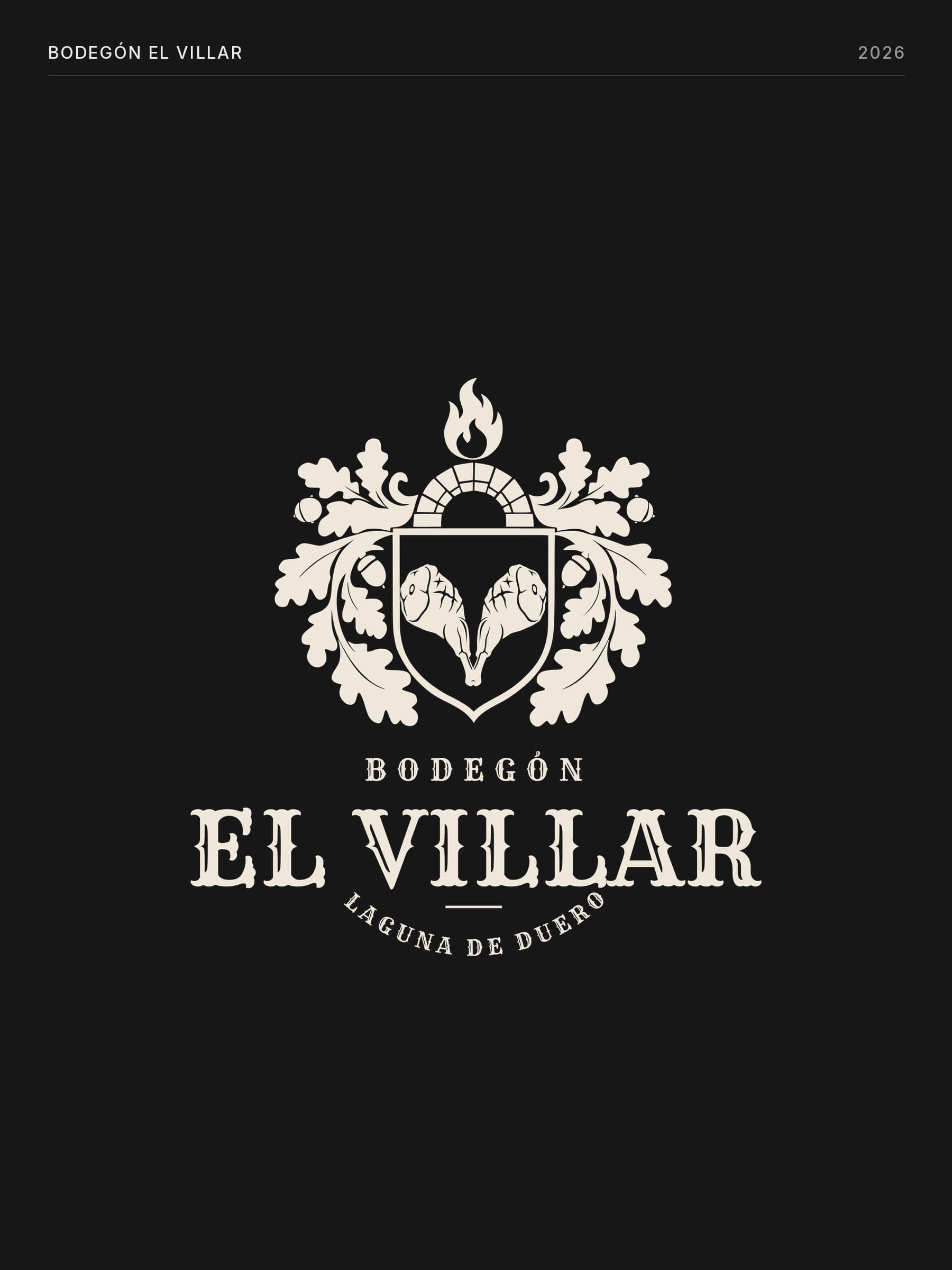The Bodegón El Villar crest in bone white on a near-black background: flame, brick arch, oak leaves and a shield with two legs of lamb, above the name in tuscan lettering