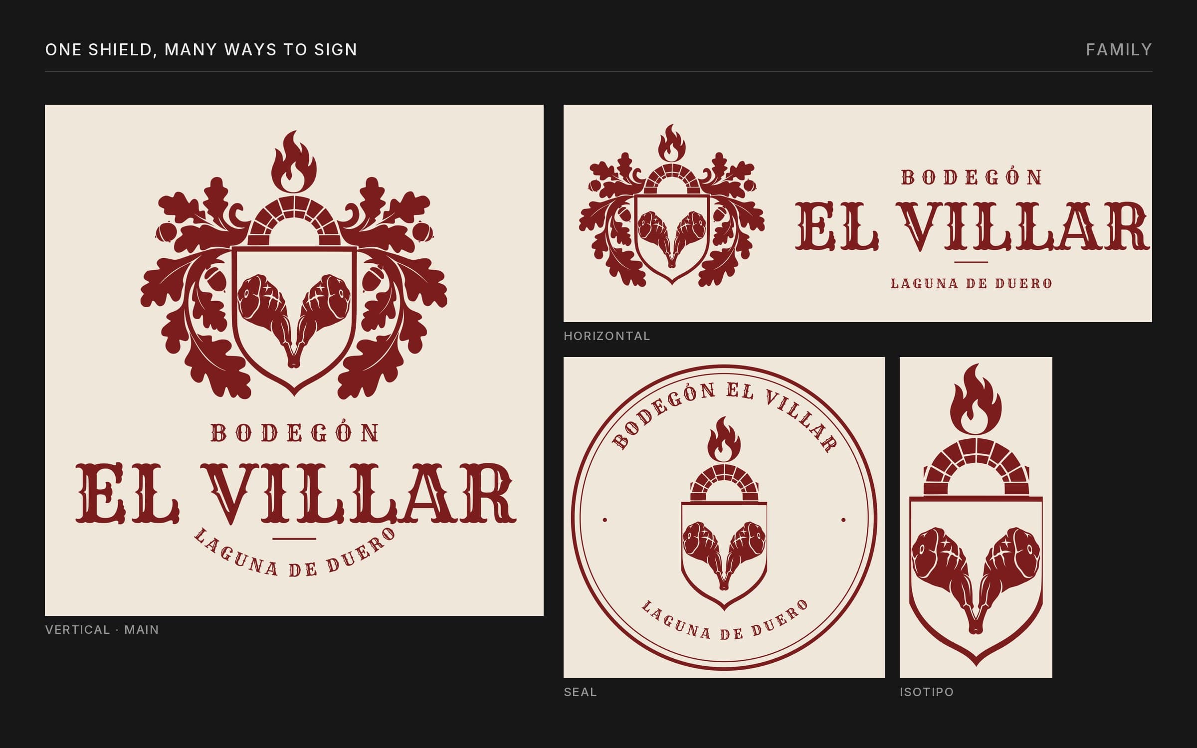 Logo family in wine red on bone: vertical logo, horizontal logo, round seal and isotipo