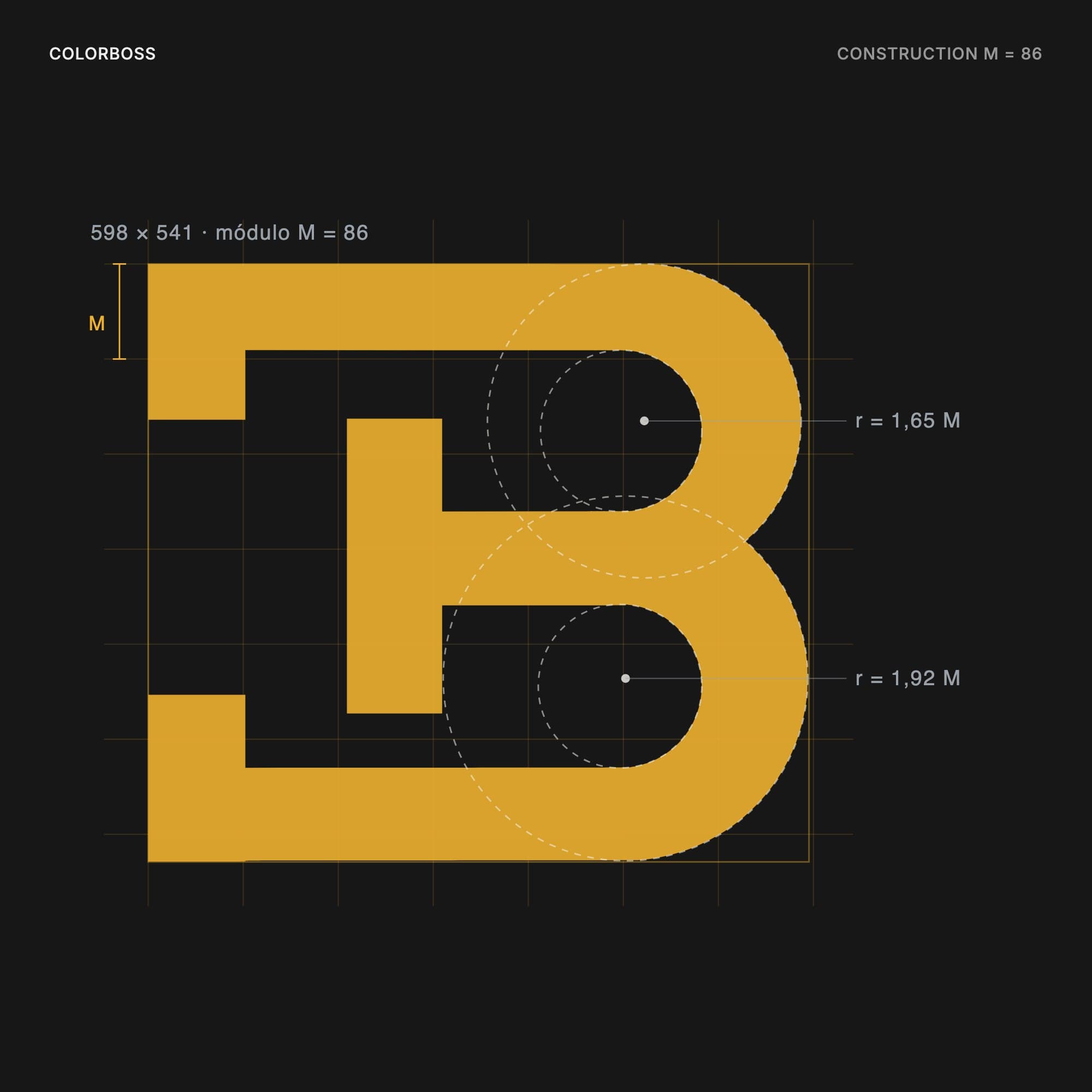 Construction drawing of the ColorBoss B isotype in gold over a modular grid, with the module M and the radii of both bowls marked