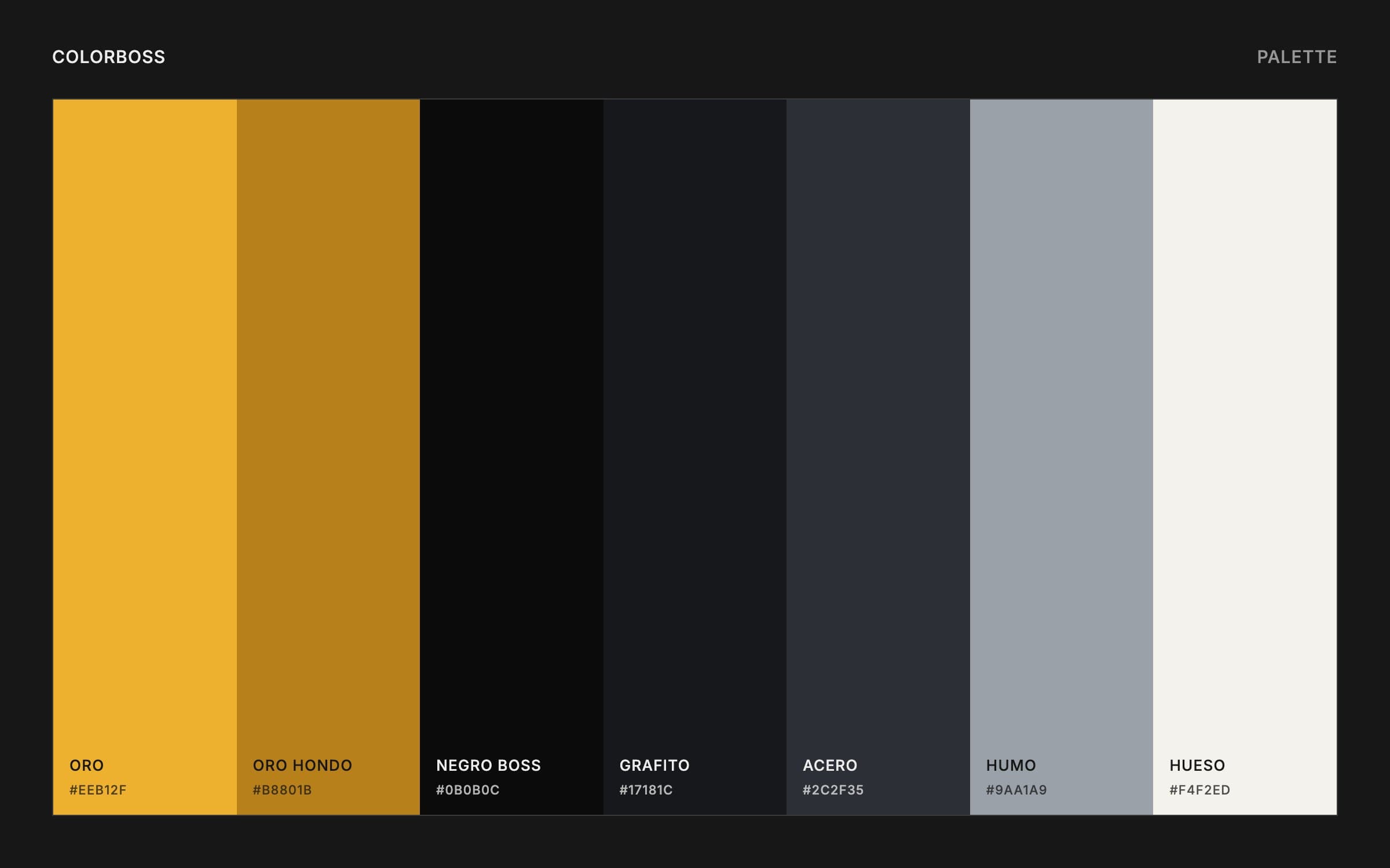 ColorBoss palette of seven swatches: gold, deep gold, boss black, graphite, steel, smoke and bone with hex codes