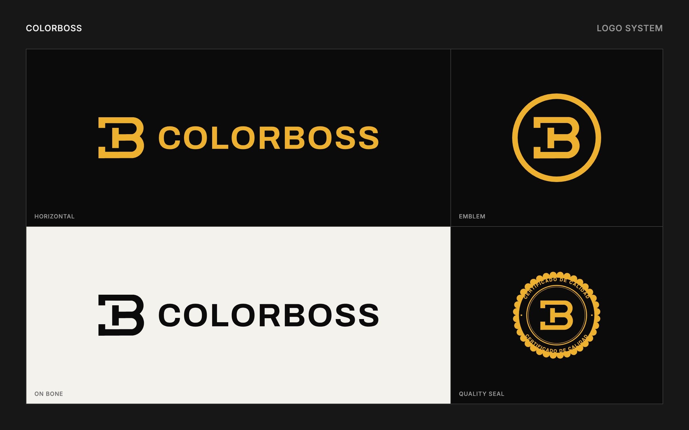 ColorBoss logo system: horizontal logo in gold on black, circular emblem, horizontal logo in black on bone, and the gold quality seal