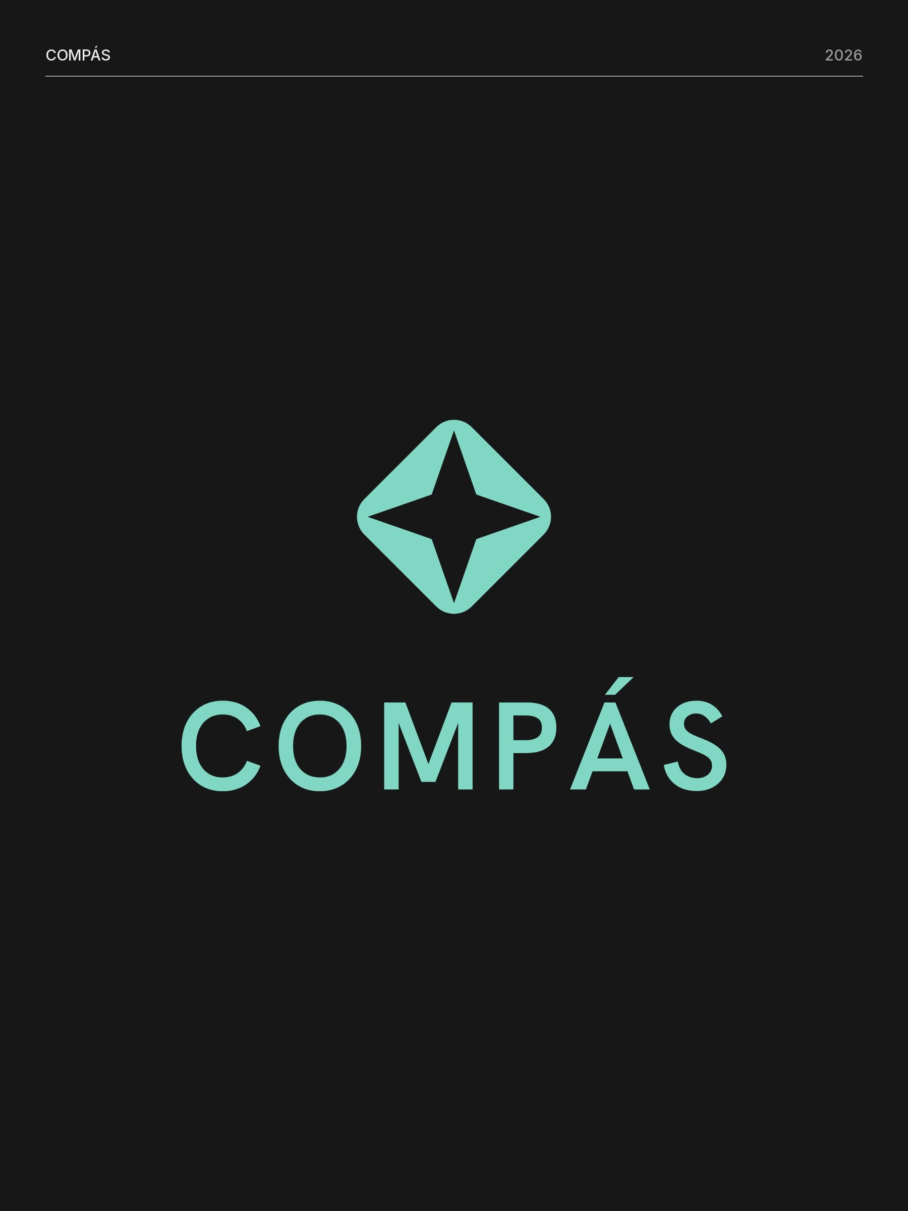 The Compás logo, a mint four pointed star cut out of a rounded rhombus above the word COMPÁS, on a dark background