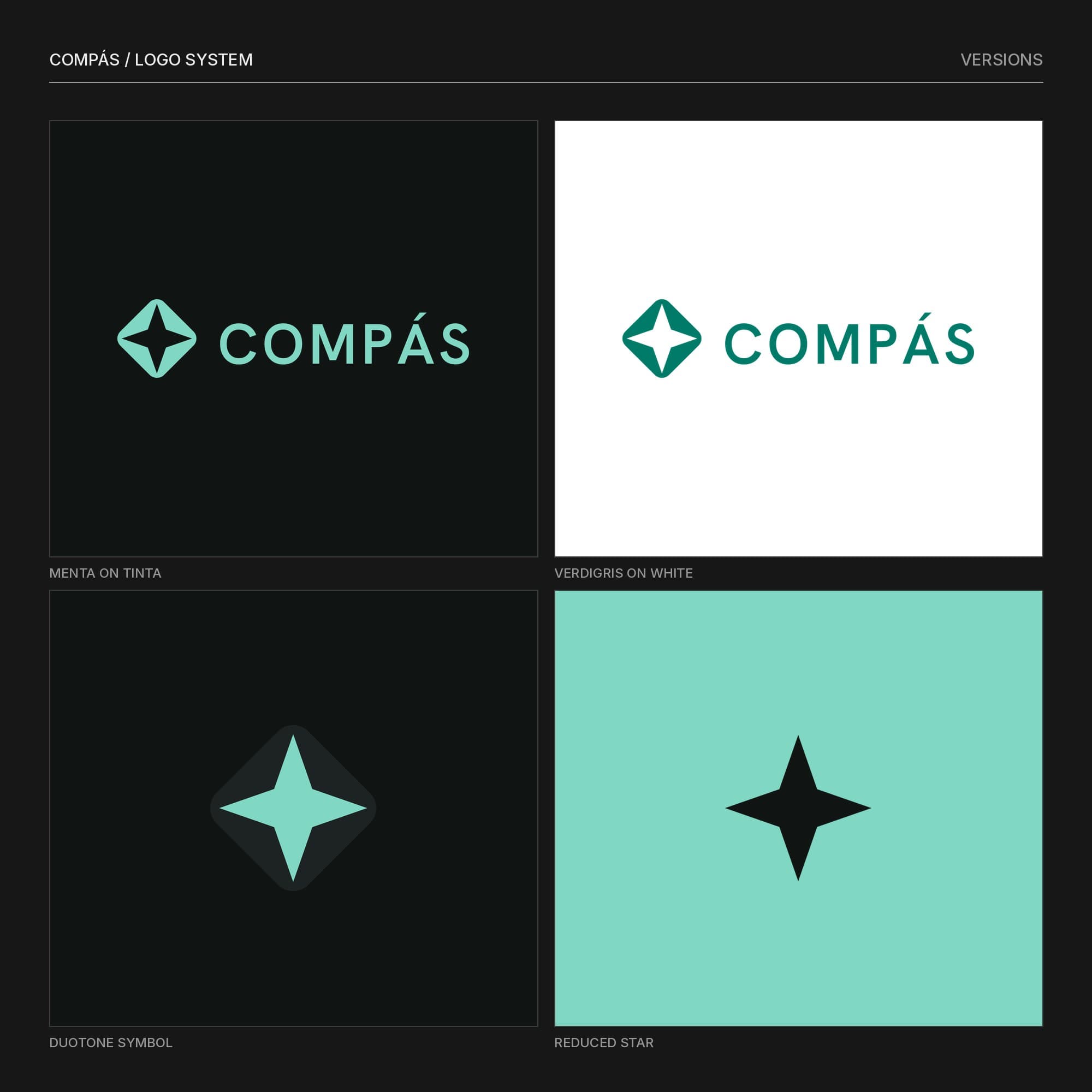Compás logo versions: mint on dark, verdigris on white, a duotone symbol and the reduced star in dark on mint