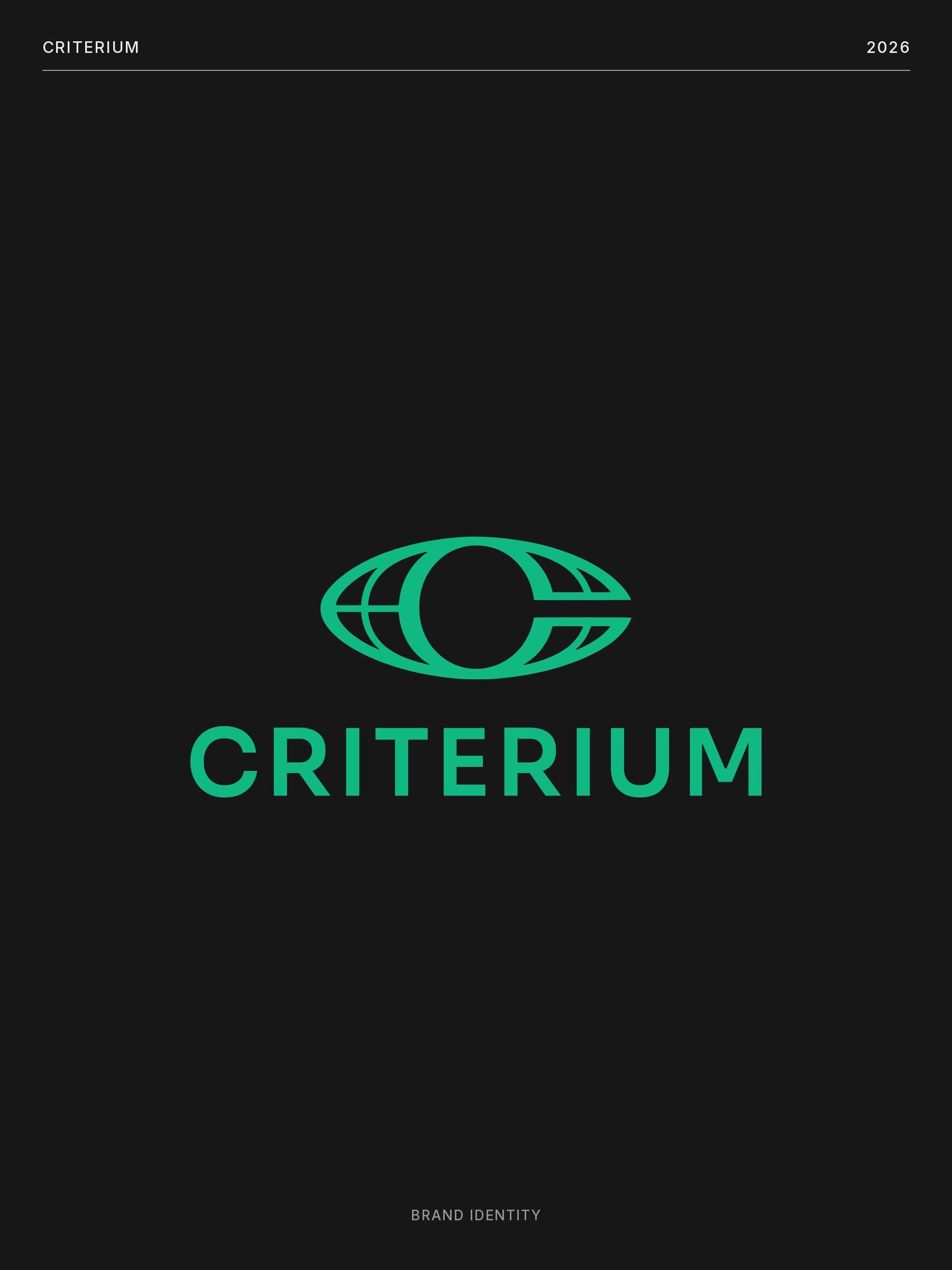 Criterium stacked logo in emerald green, a globe shaped like an eye with a C inside, above the CRITERIUM wordmark on a dark background