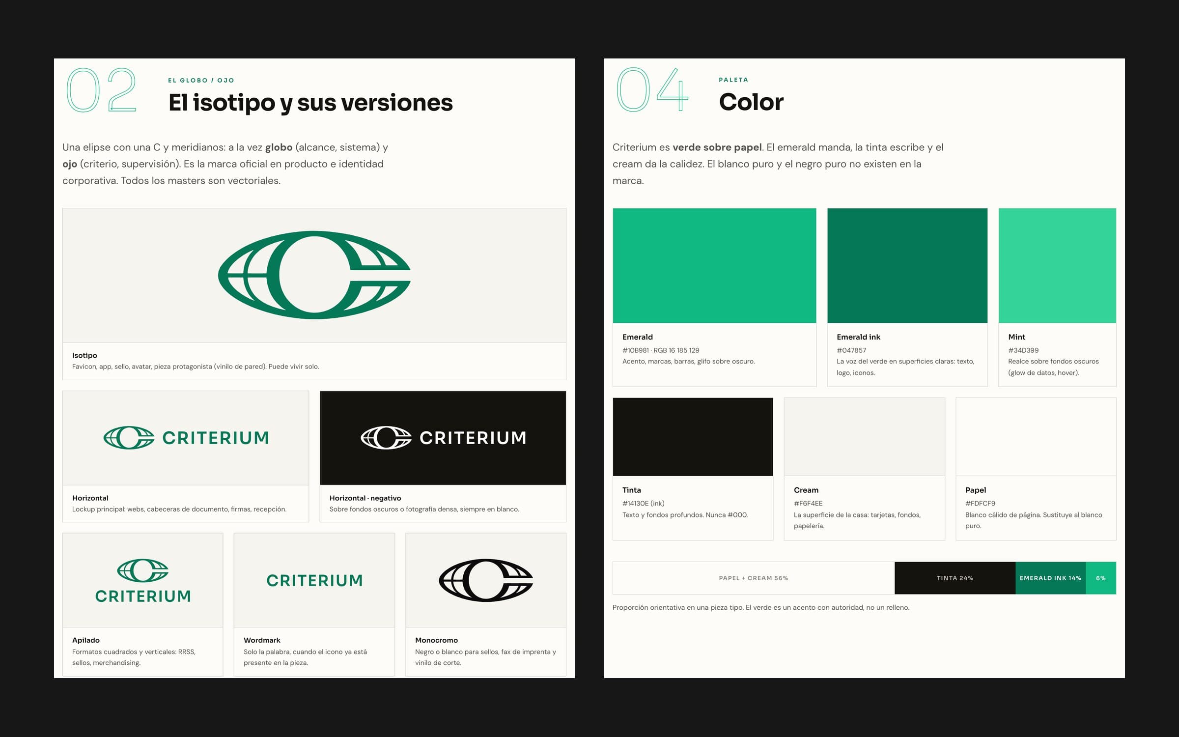 Two pages of the Criterium identity guide: the isotipo and its versions, and the colour palette