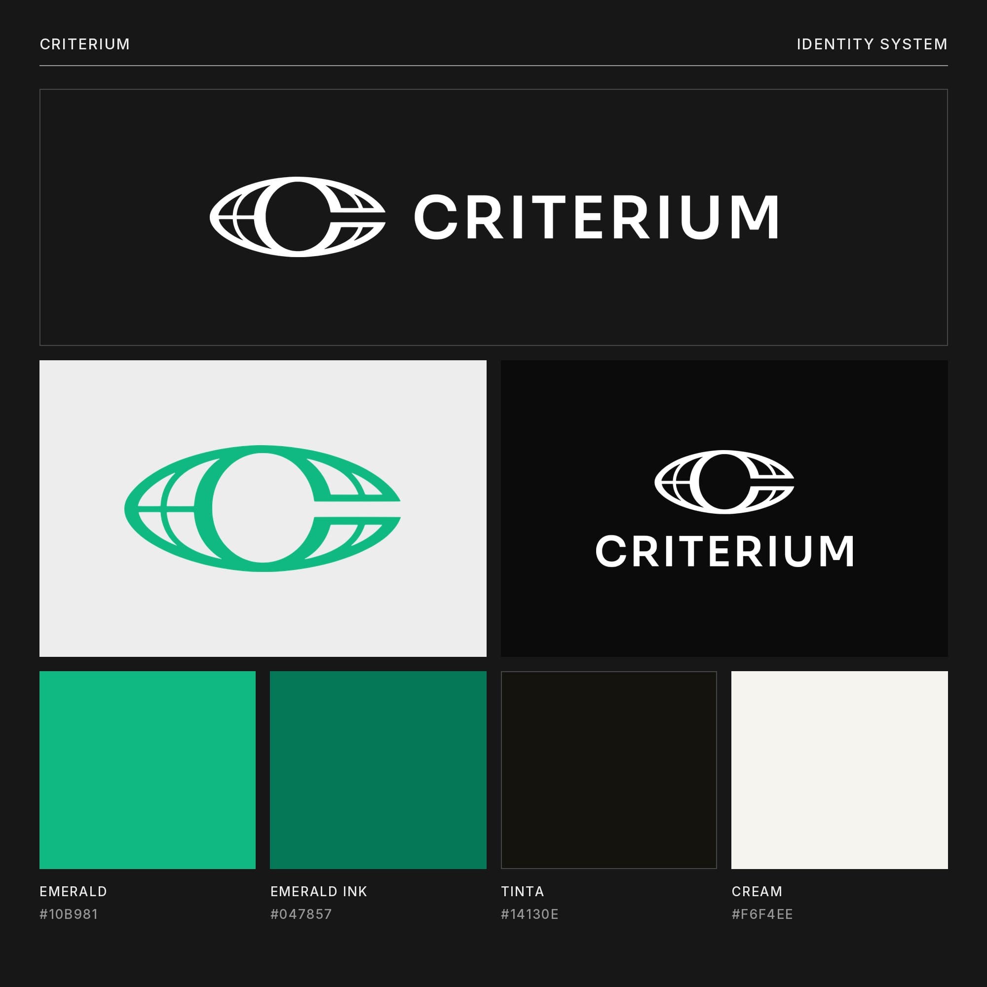 Board with the Criterium horizontal logo in white, the emerald isotipo on light grey, the stacked logo in white on black, and four colour swatches: emerald, emerald ink, tinta and cream
