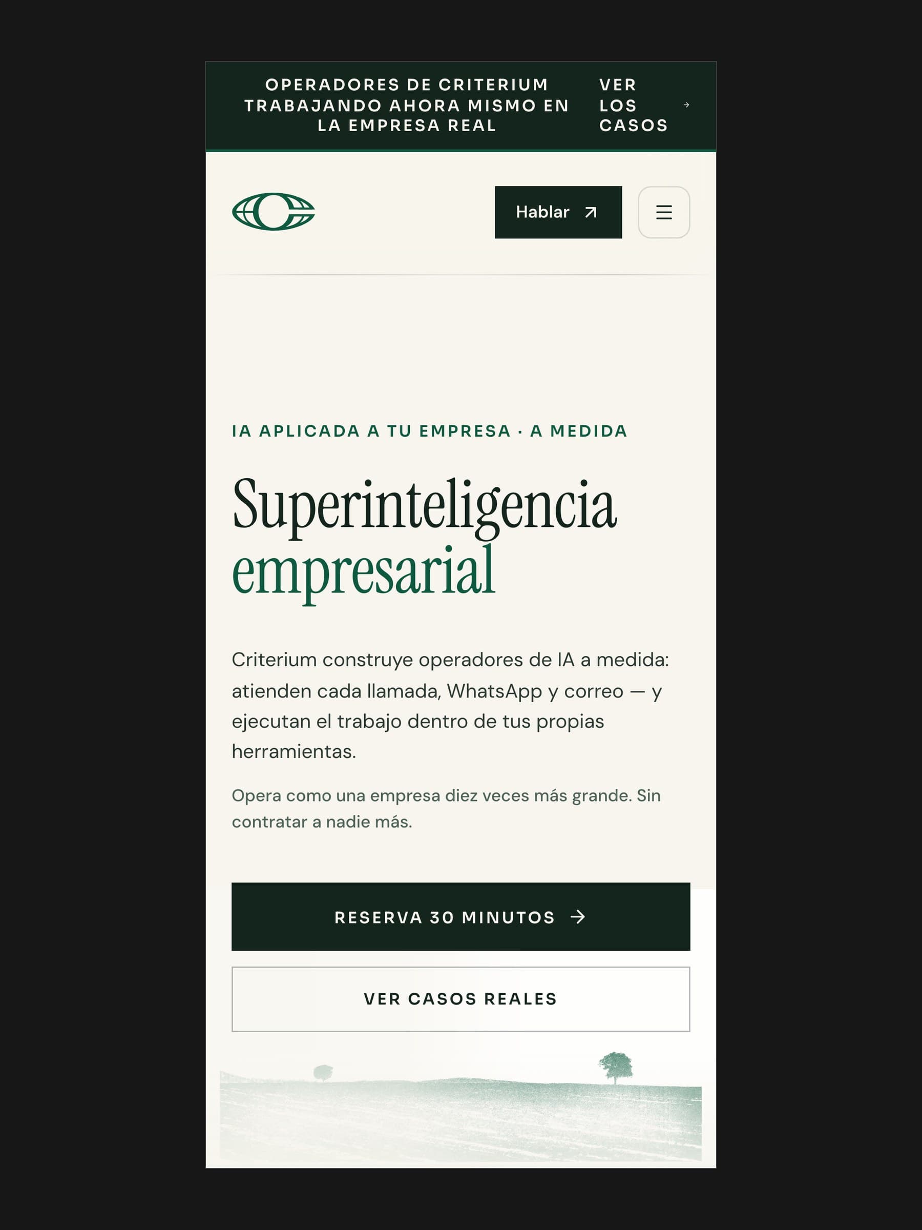 Criterium homepage on a phone with the isotipo, the headline and two call to action buttons