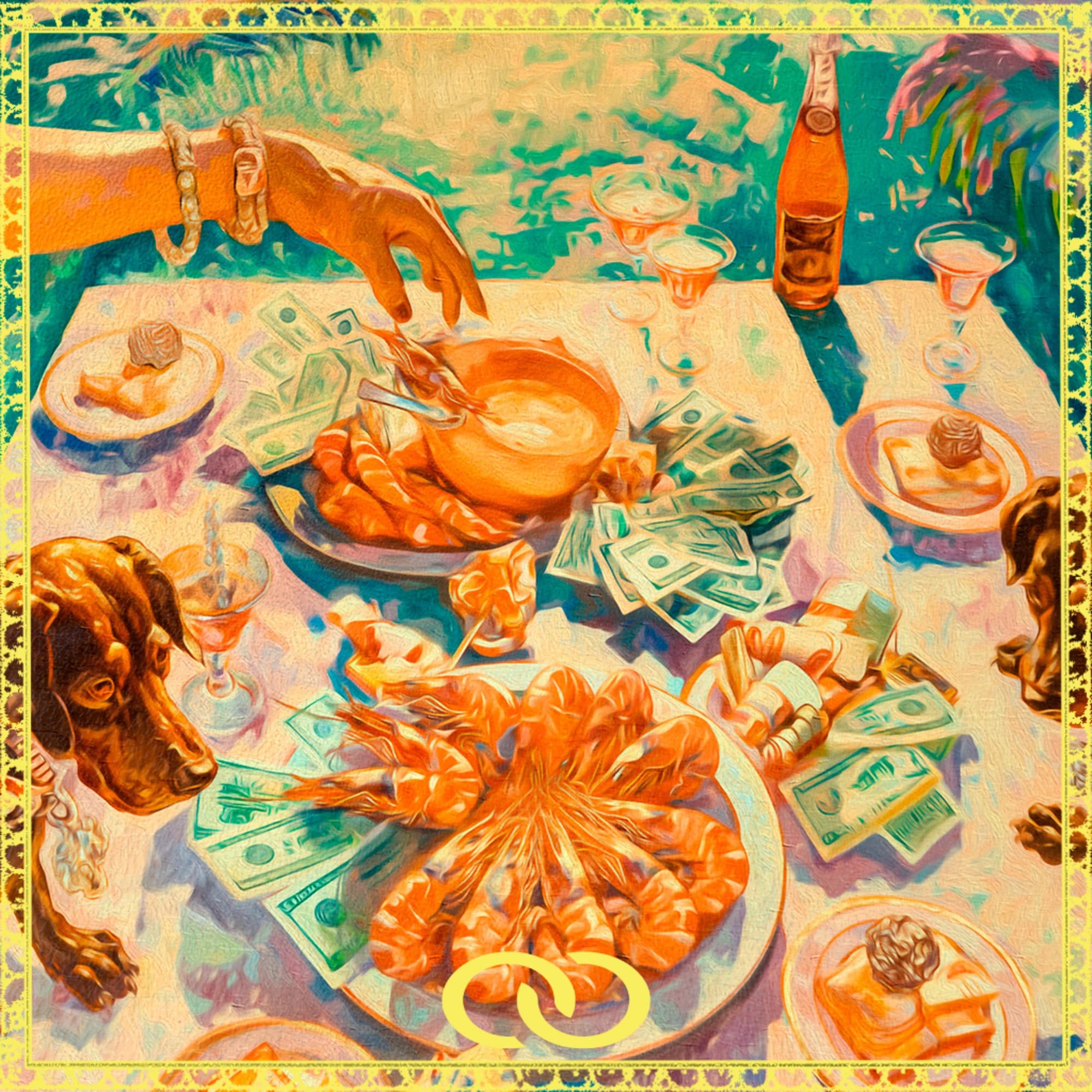Cover of Damn! by Uve Key: a table full of shrimp, cocktails and cash, a hand with gold bracelets and dogs waiting, inside a gold frame with two linked gold rings