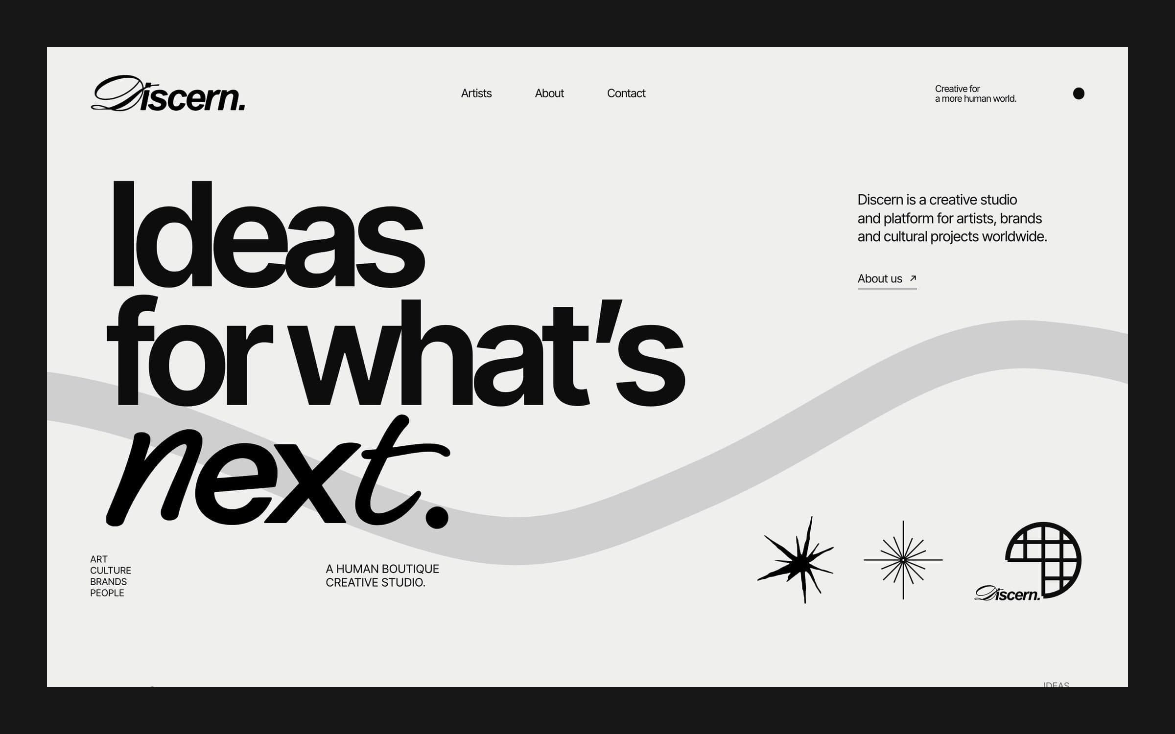 Desktop hero of Discern: giant black headline 'Ideas for what's next.' with 'next.' in a slanted script, a grey wave behind and three hand-drawn symbols