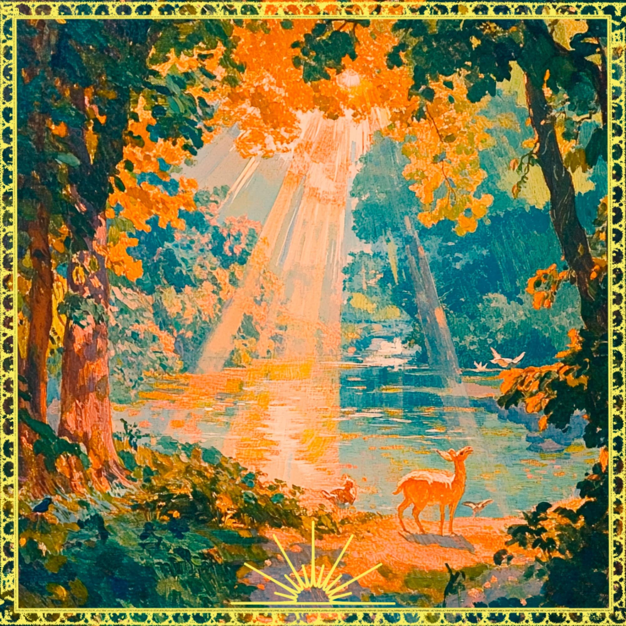 Cover of En La Luz by Uve Key: sun rays fall through an autumn forest onto a river where a deer stands, inside a gold frame with a gold sunburst