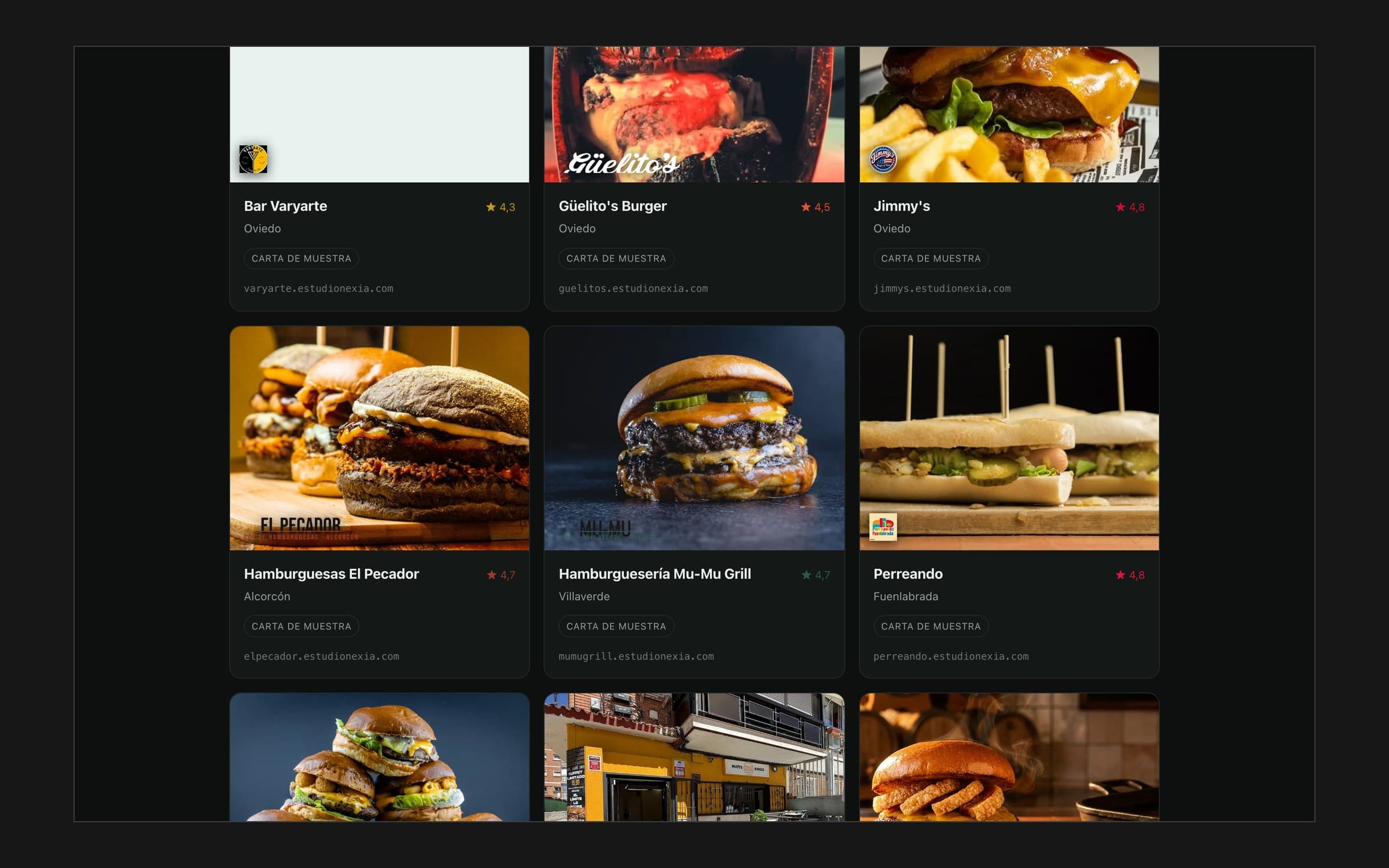 Grid of restaurant demo cards on a dark page, each with a food photo, rating, city and its own estudionexia.com subdomain