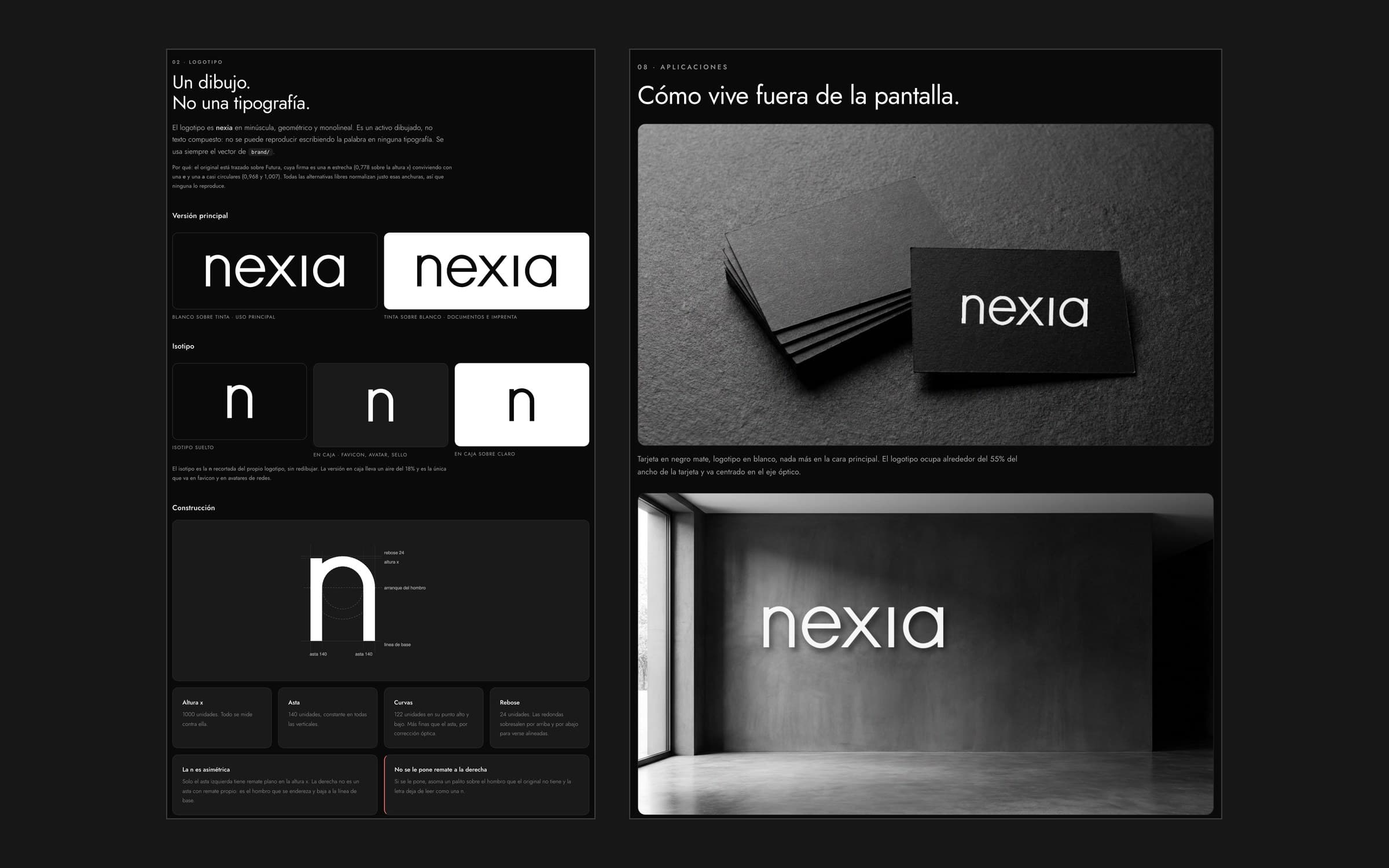 Two sections of the Nexia identity guide: logo construction with the n measured in units, and applications on black business cards and a white sign on a concrete wall
