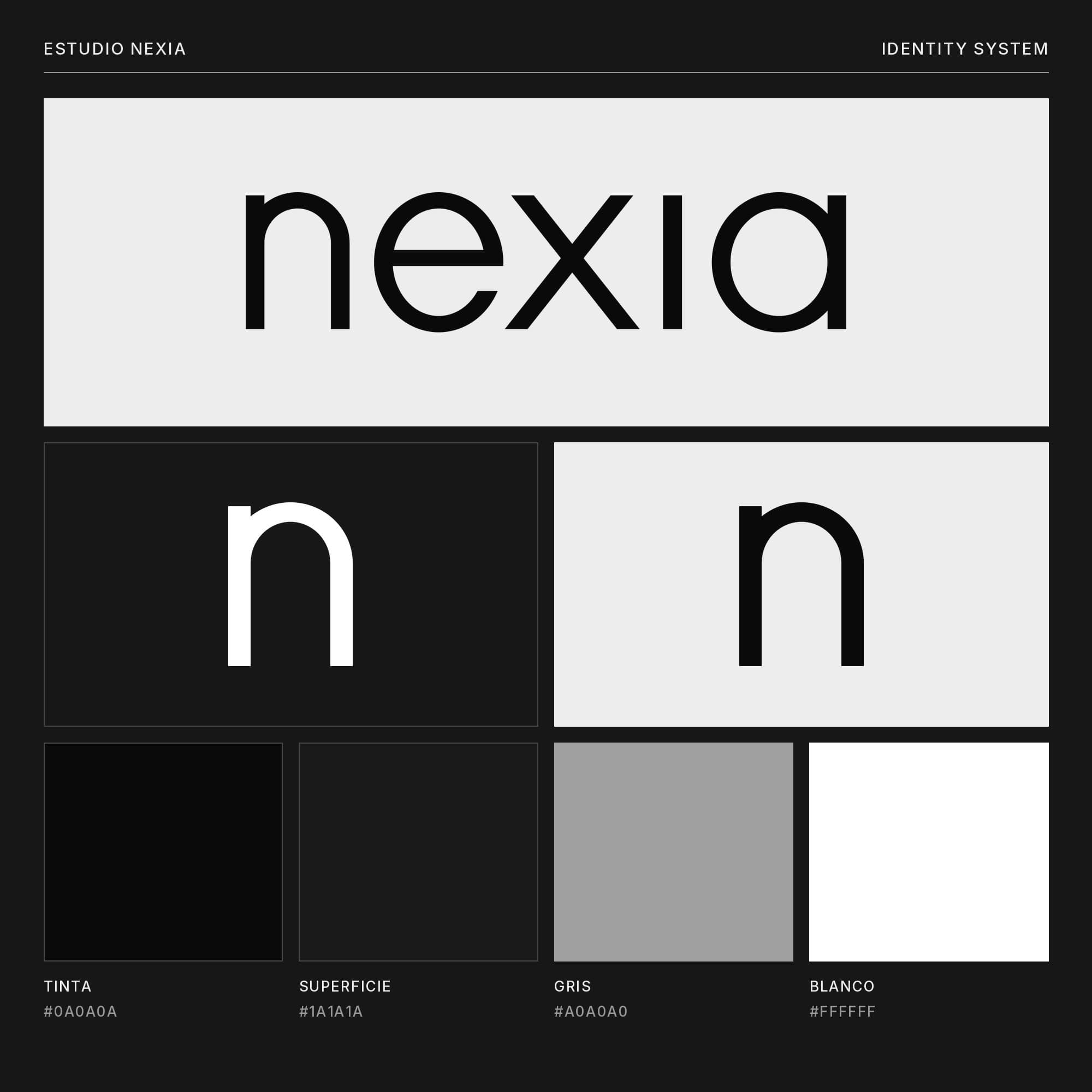 Board with the nexia wordmark in black on light grey, the n isotipo in white and in black, and four swatches: tinta, superficie, gris and blanco