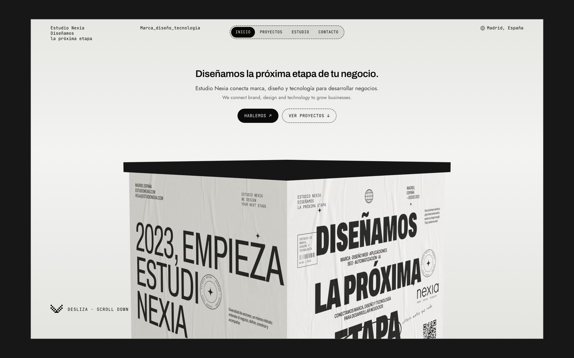 Estudio Nexia homepage with the headline Diseñamos la próxima etapa de tu negocio above a 3D box covered in posters