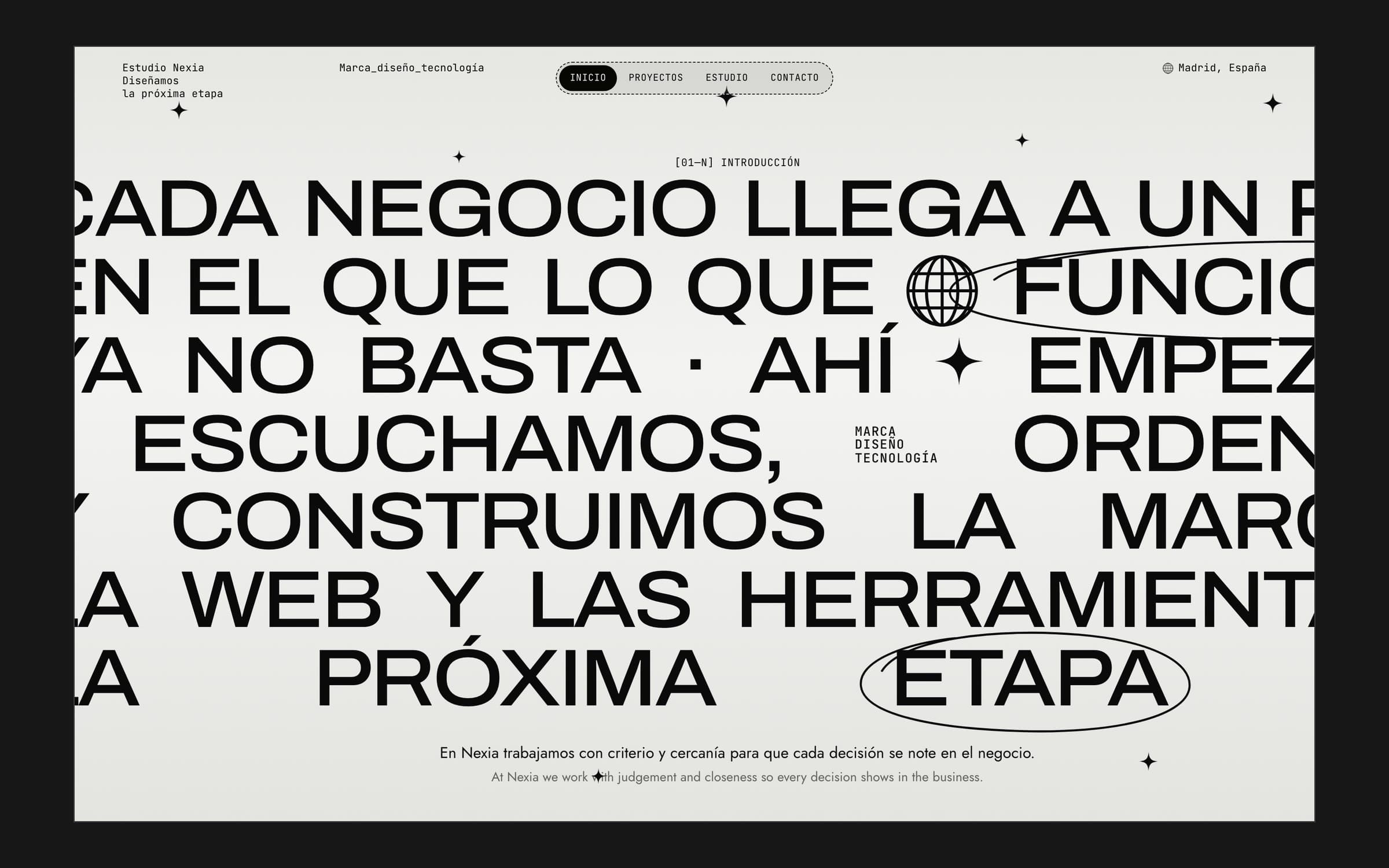 Estudio Nexia website section with huge black uppercase text scrolling across a light background