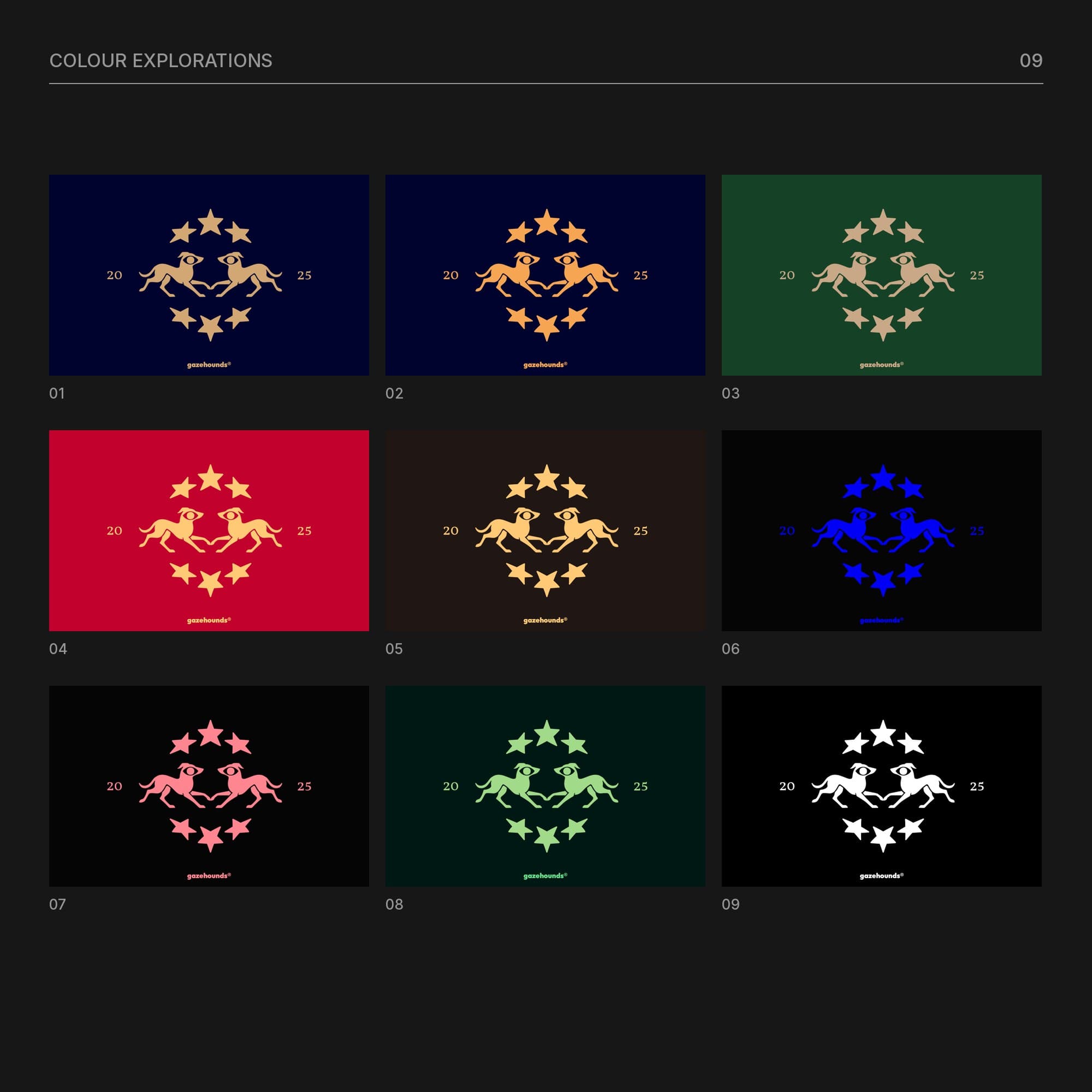 Grid of nine colour explorations of the gazehounds crest on navy, green, red, brown and black backgrounds