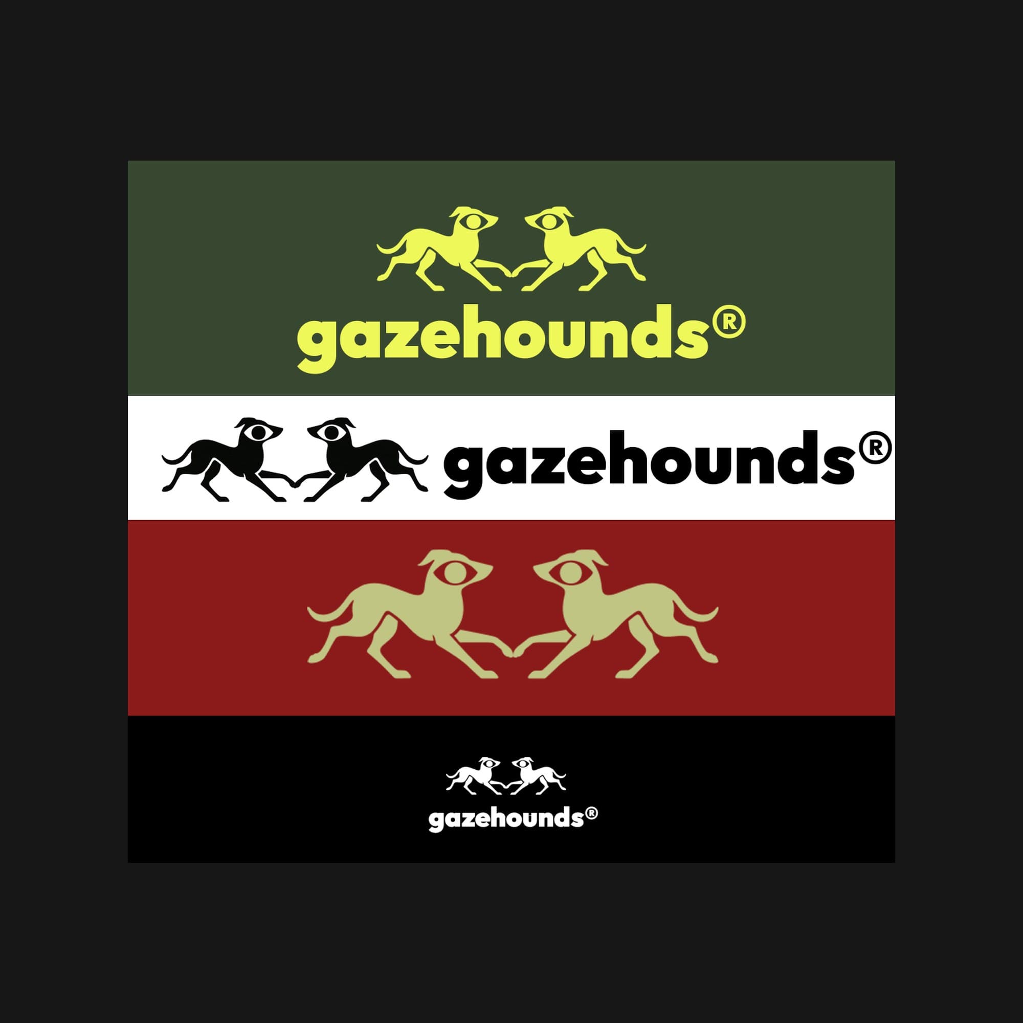 Four horizontal bands showing the hounds and wordmark lockups in yellow on green, black on white, khaki on red and white on black