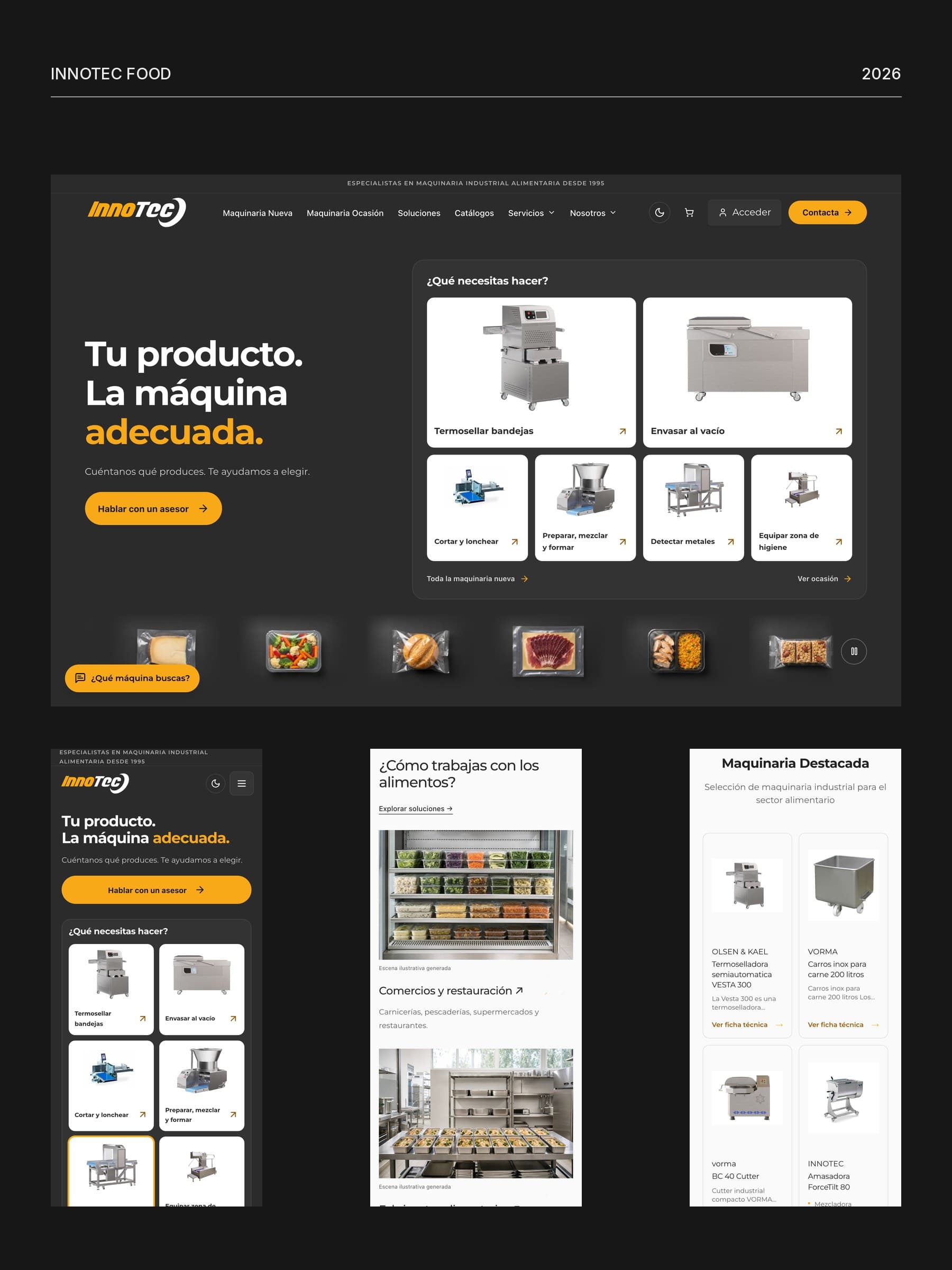 The InnoTec Food website on a dark board: the desktop hero with the headline 'Tu producto. La máquina adecuada.' and a grid of food machines, above three mobile screens