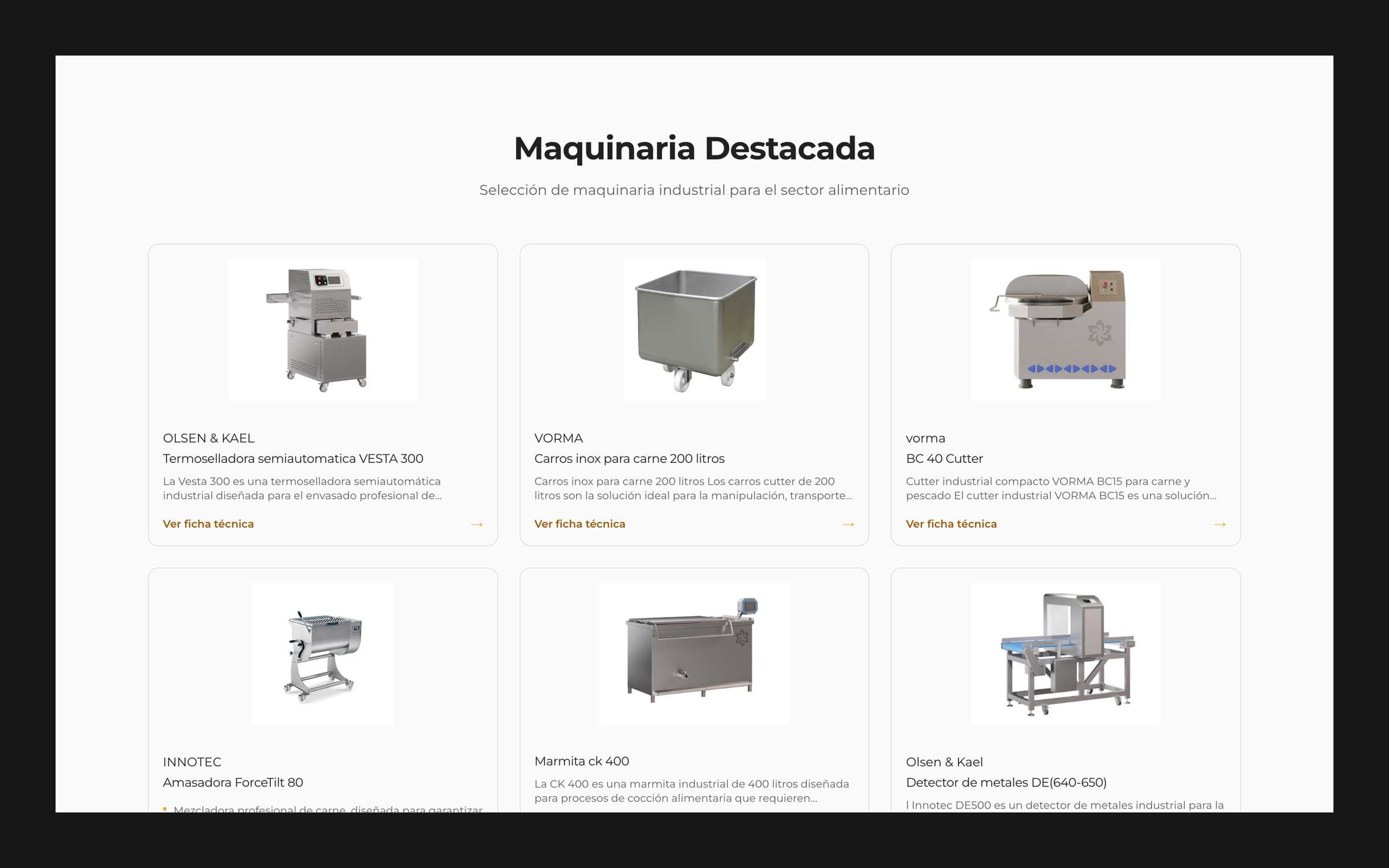 Featured machinery section with six product cards: tray sealer, stainless meat cart, cutter, mixer, kettle and metal detector