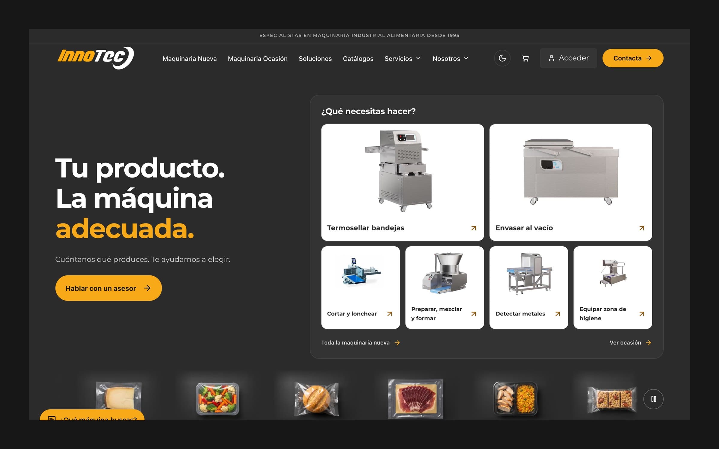 Desktop hero of InnoTec Food: dark graphite background, headline in white and yellow, a panel of machine cards for sealing, vacuum packing, slicing, mixing, metal detection and hygiene, and a strip of packed foods