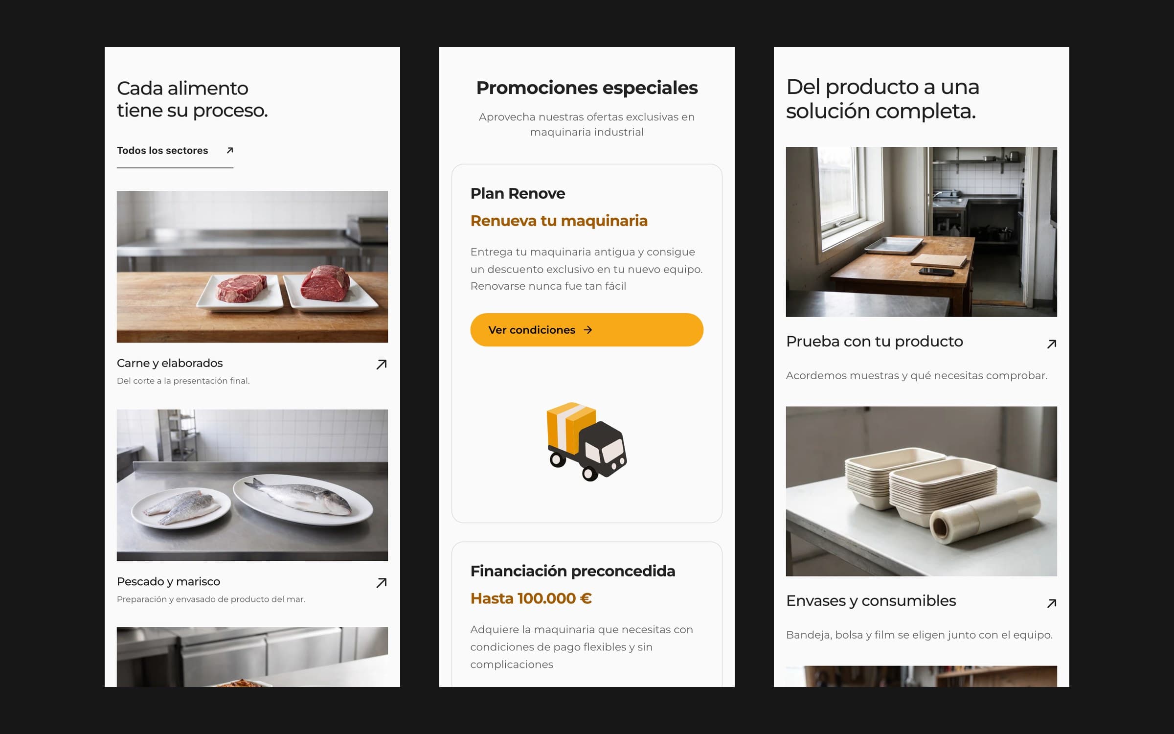 Three mobile screens of the site: food sectors, special offers and complementary services