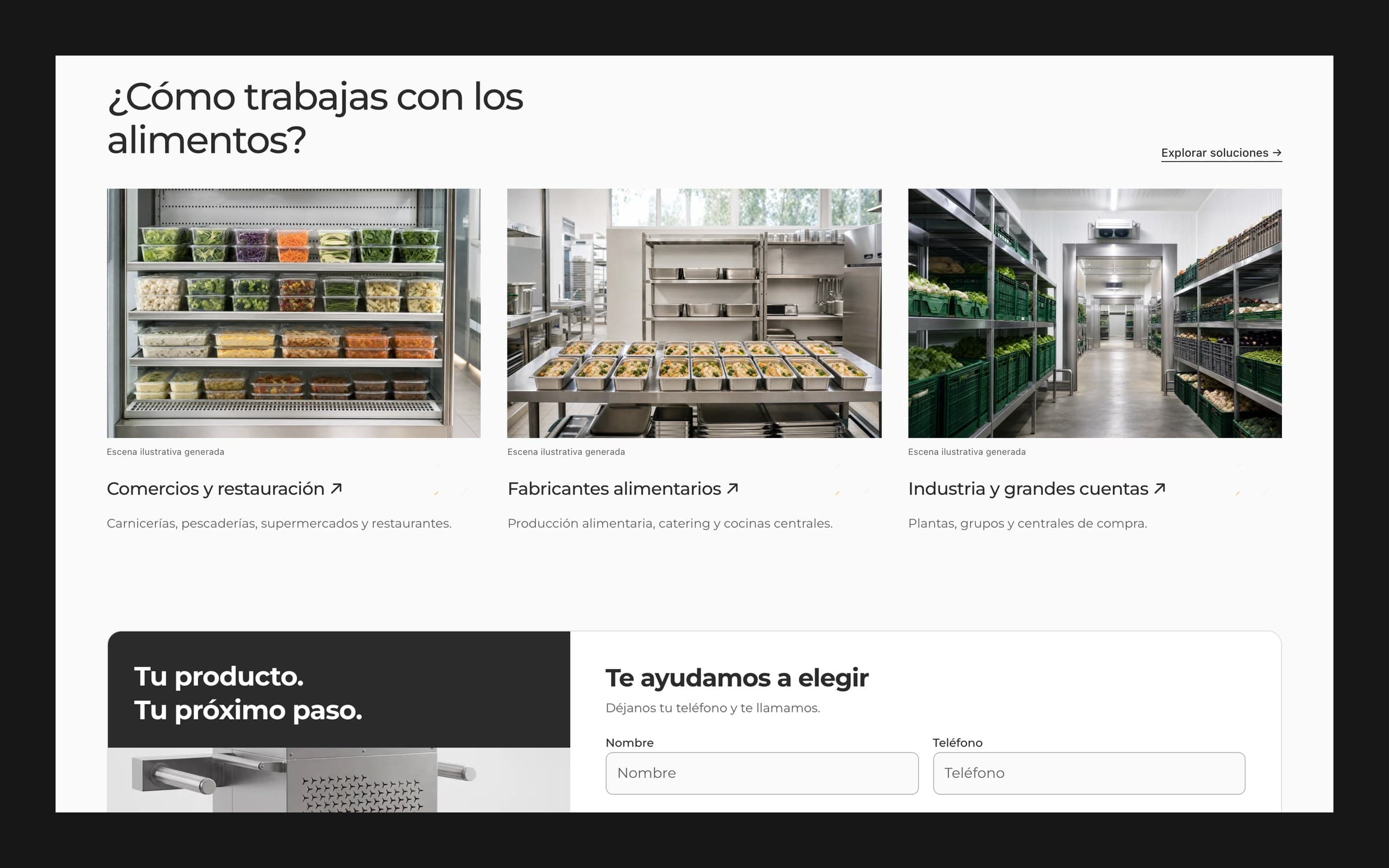 Section asking how you work with food, with three photos for retail and restaurants, food manufacturers and large industry