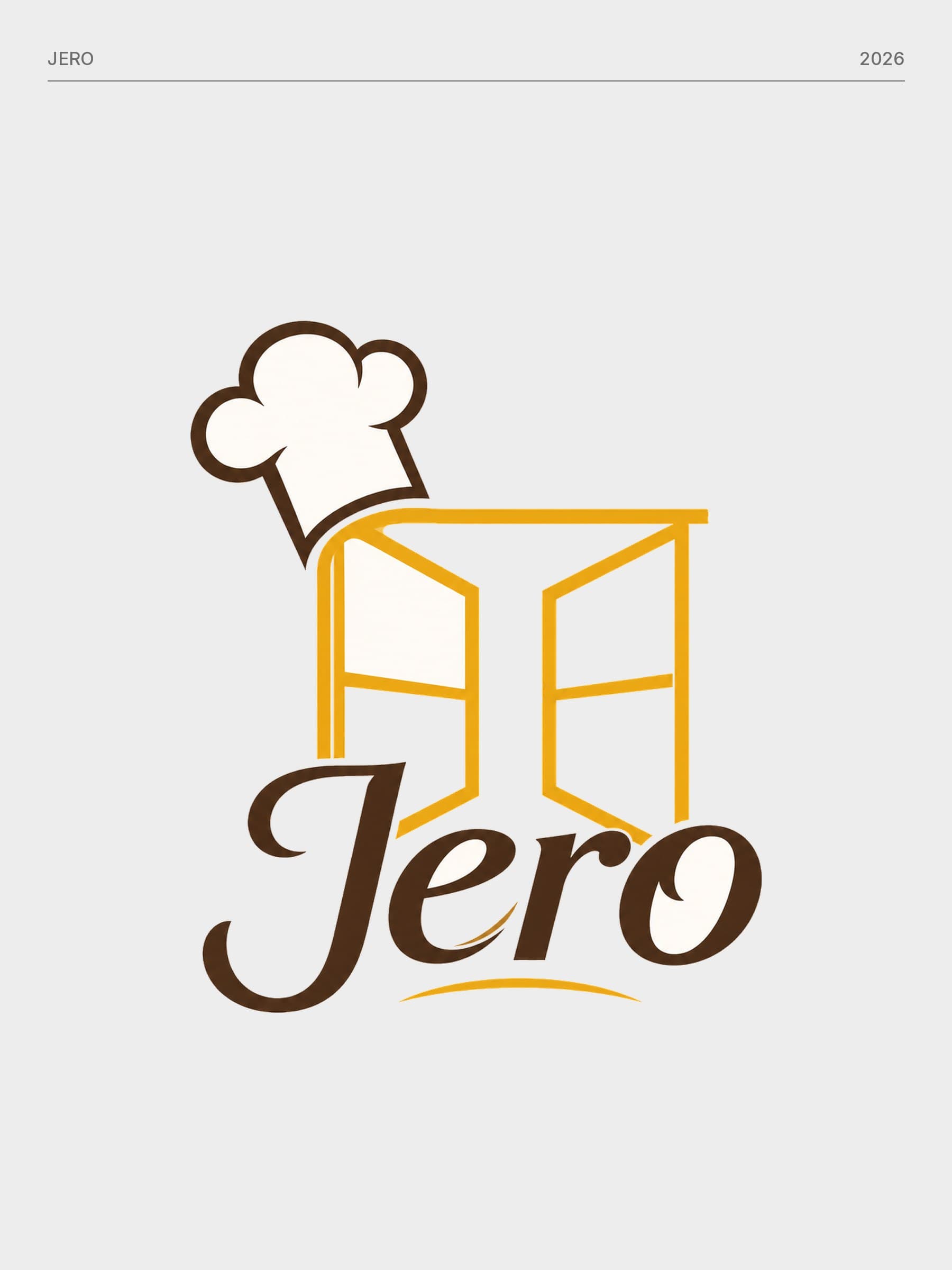 Jero logo: a brown outlined chef's hat tipping over a mustard frame with two open doors, above the word Jero in brown script, on a light background