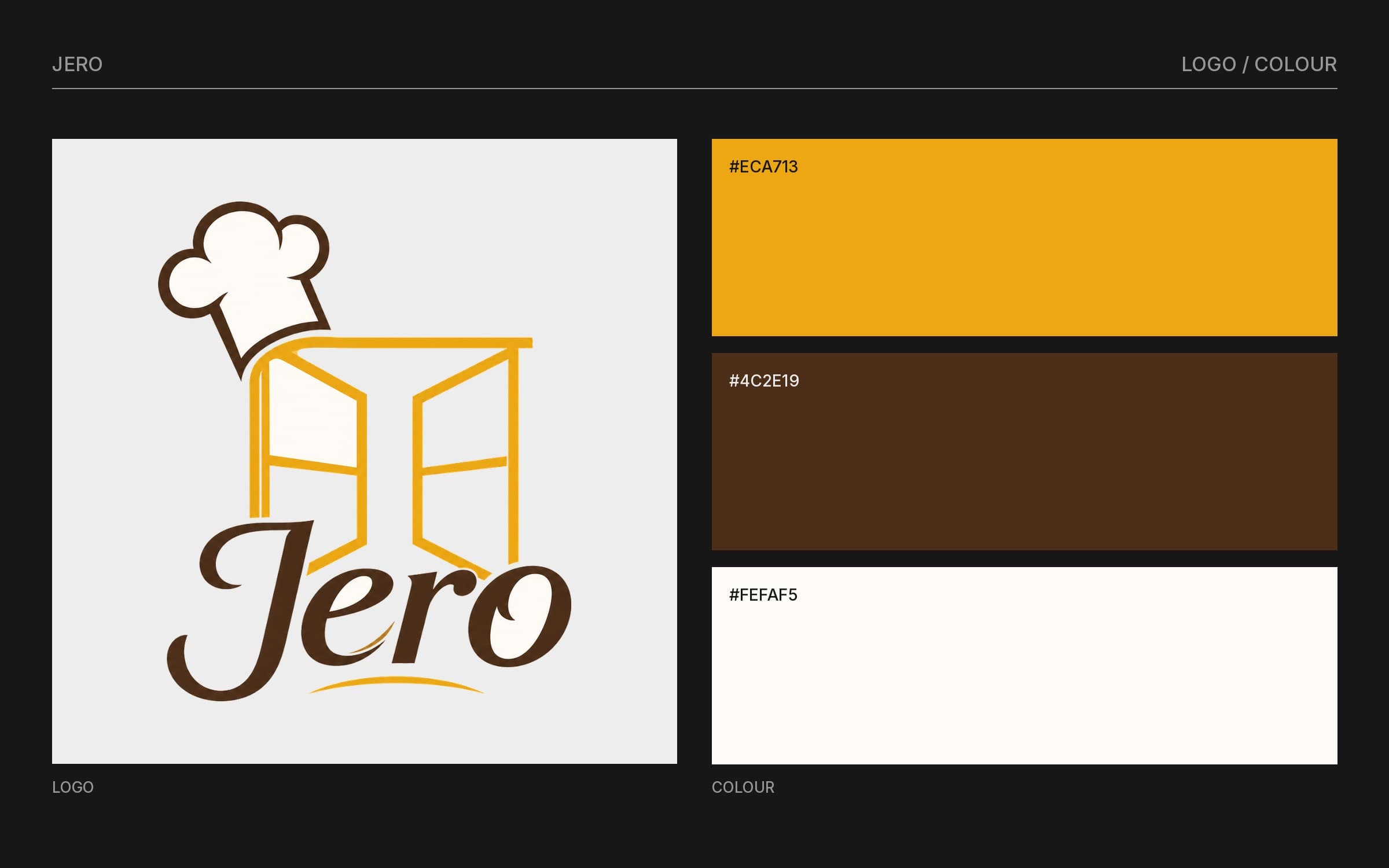 Jero logo on a light tile next to three colour swatches: mustard, dark brown and cream