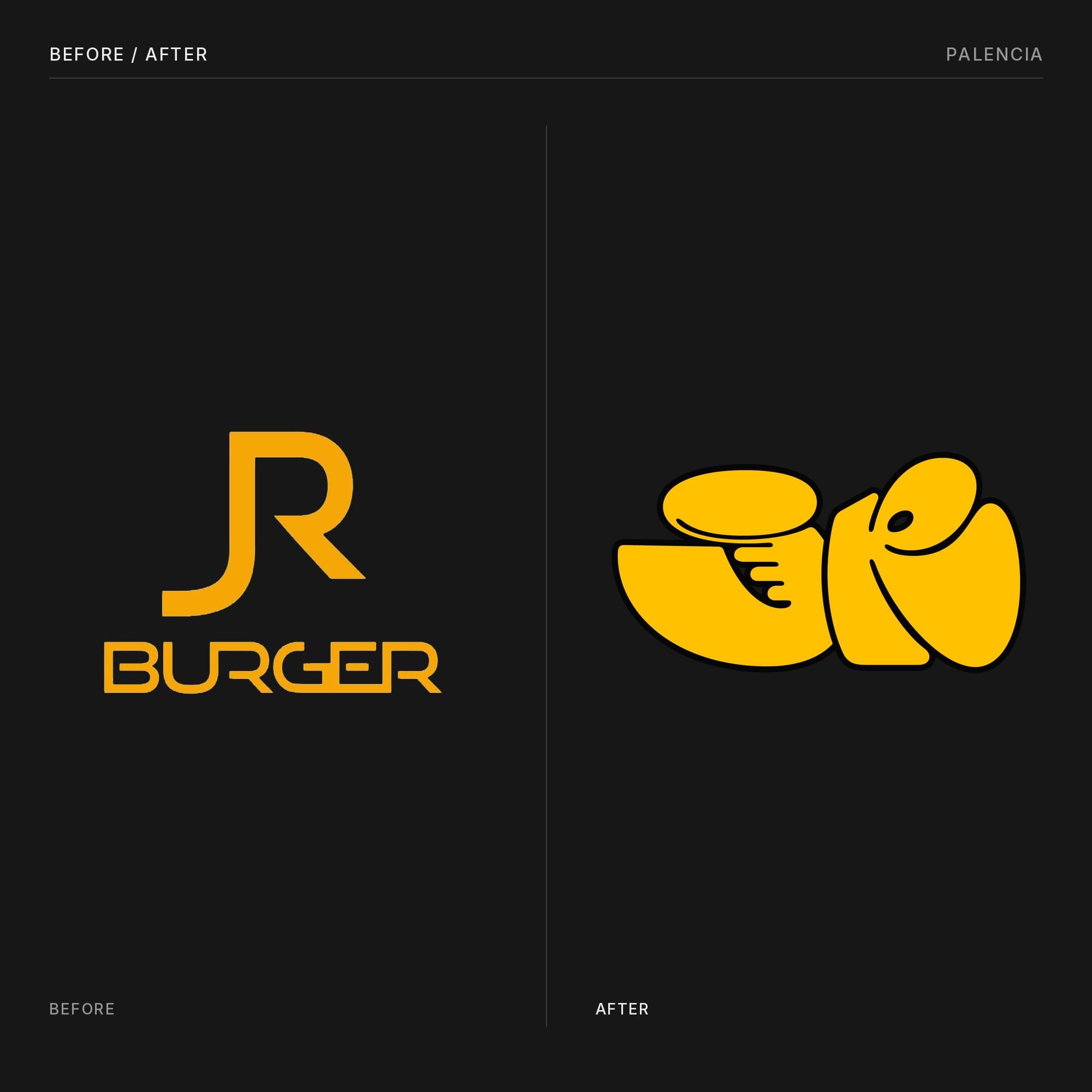 Side by side comparison of the old JR Burger logo, a thin orange geometric monogram, and the new bubble lettering