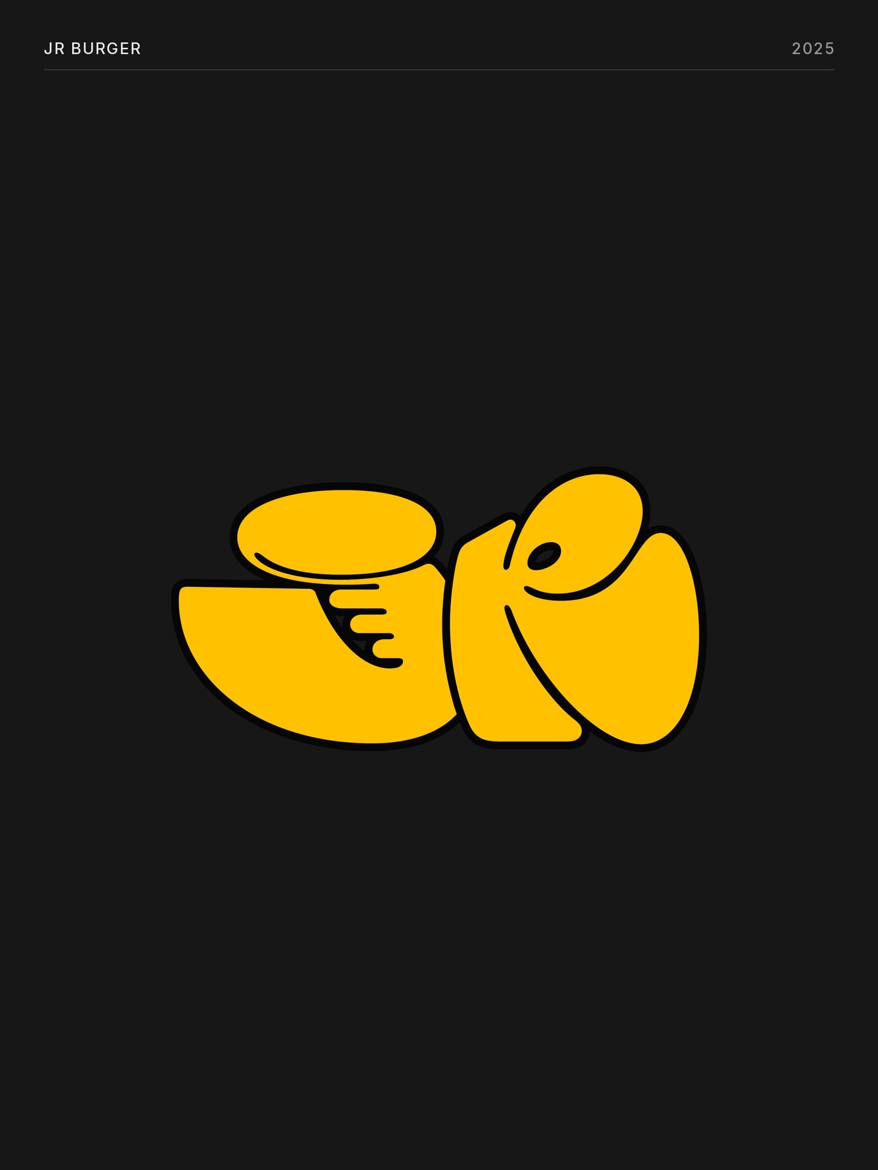 The JR Burger logo, fat amber bubble letters J and R with a black outline, centered on a near-black background