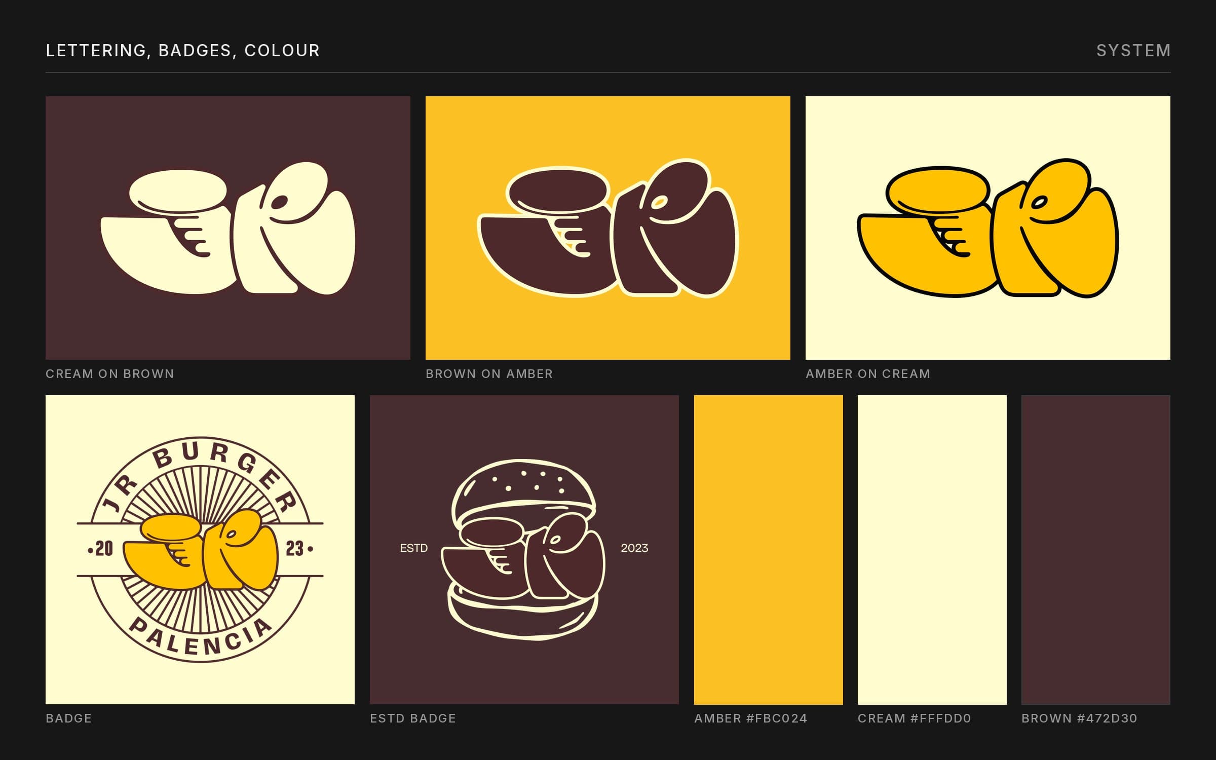 Brand board with the JR lettering in three colourways, a round Palencia badge, an ESTD 2023 burger badge and amber, cream and brown swatches