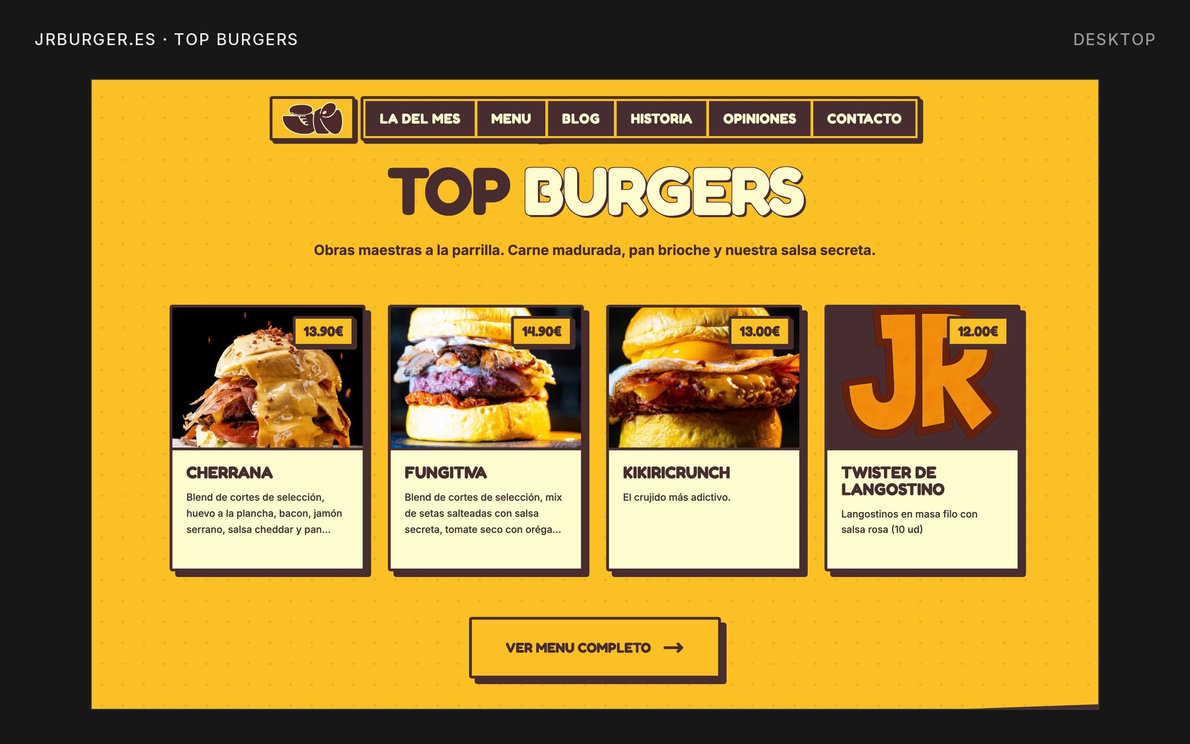 Desktop screenshot of the top burgers section on jrburger.es with four menu cards on amber