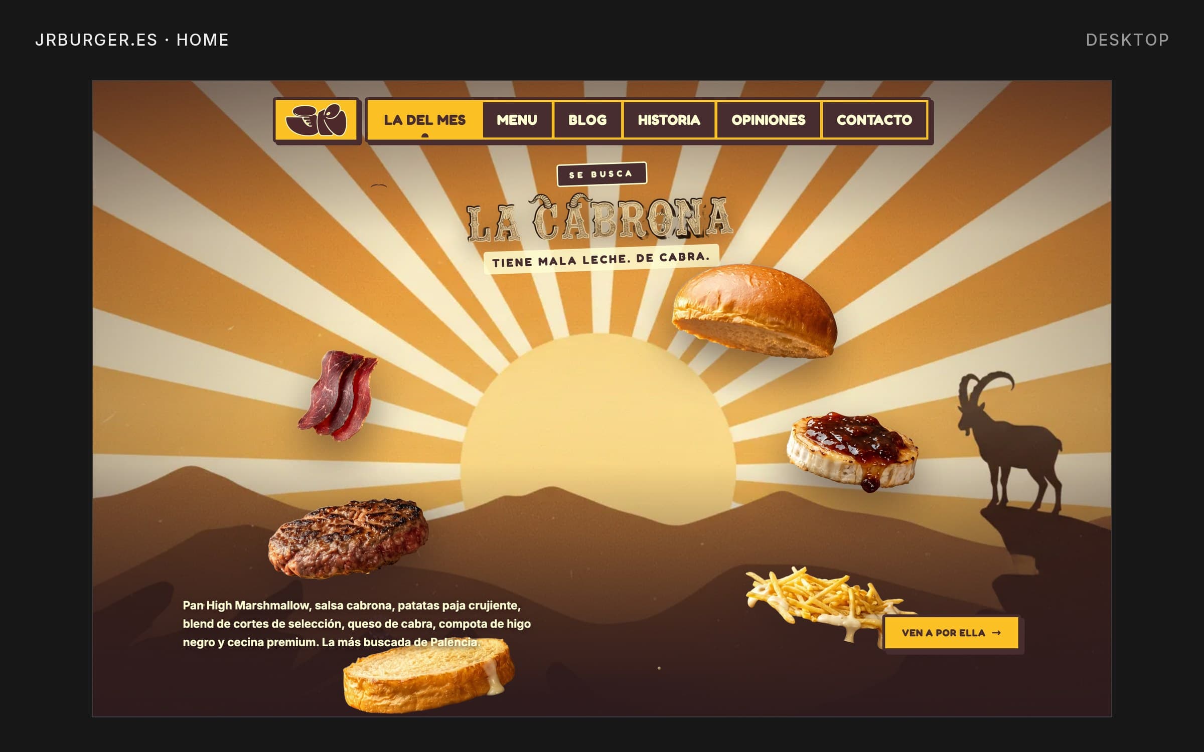 Desktop screenshot of the jrburger.es homepage with the burger of the month, La Cabrona, over a sunburst illustration