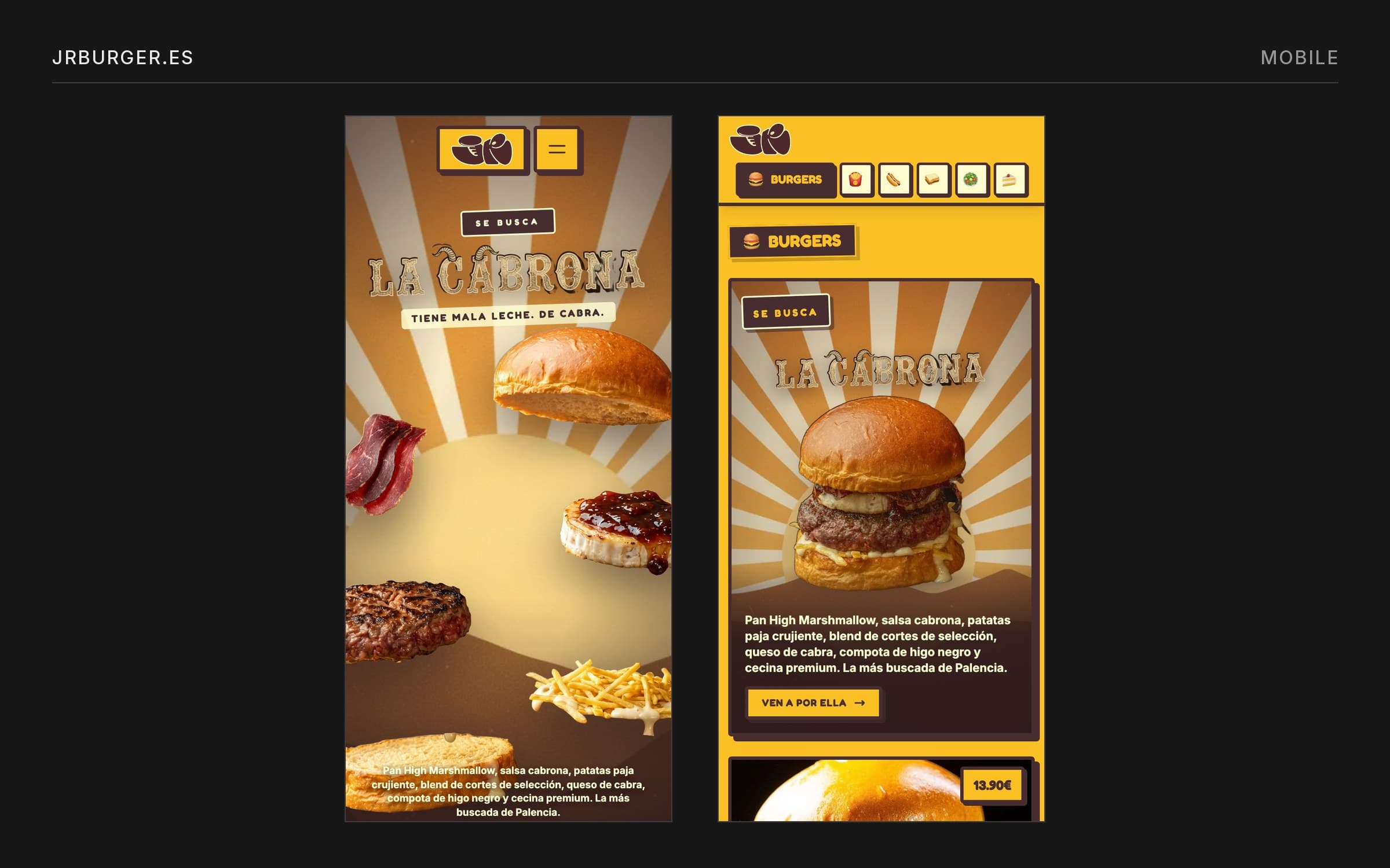 Two mobile screenshots of jrburger.es, the homepage hero and the burgers menu