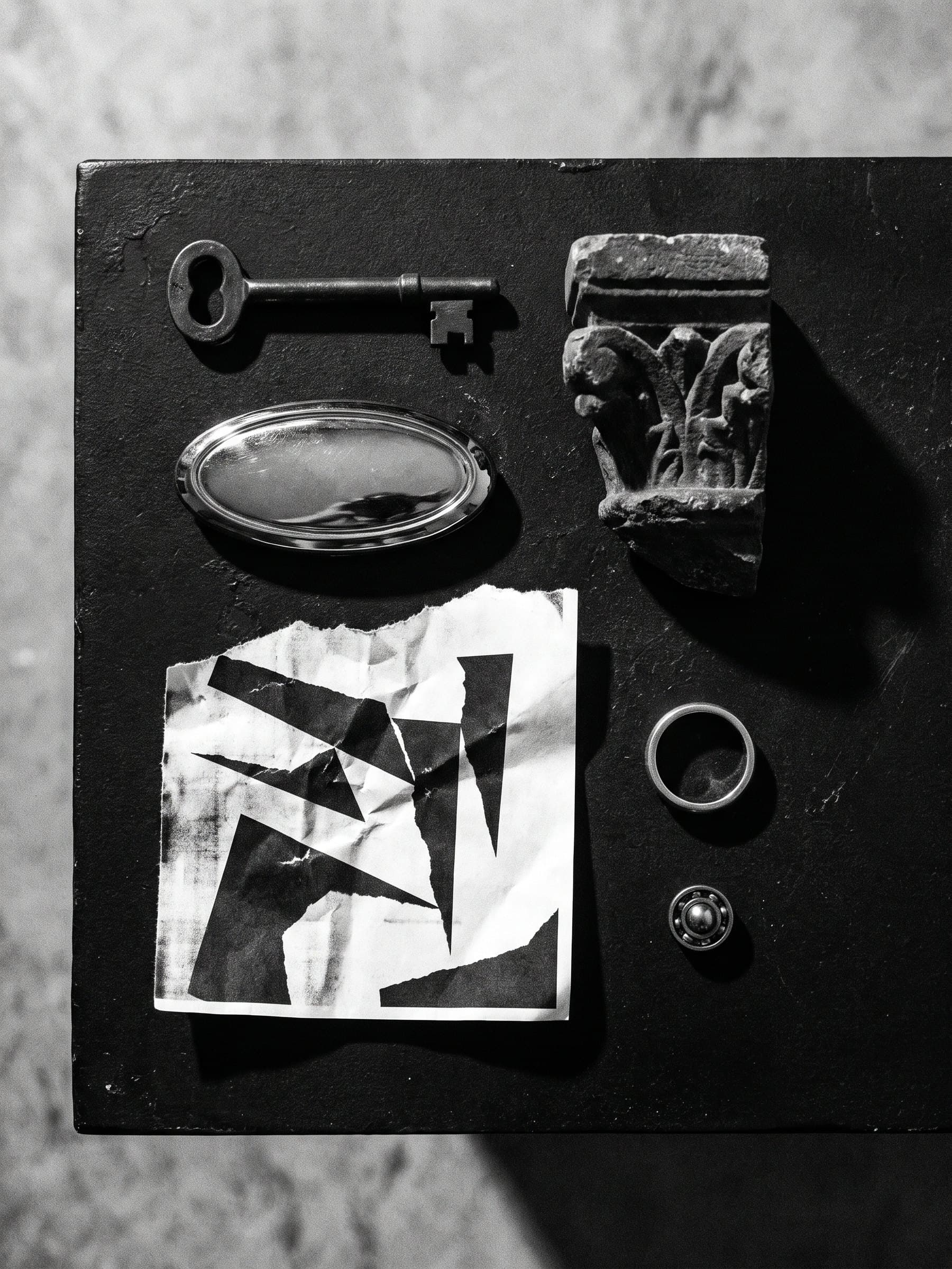 Black and white flat lay: old key, blank chrome oval emblem, carved gothic stone, cut paper shapes