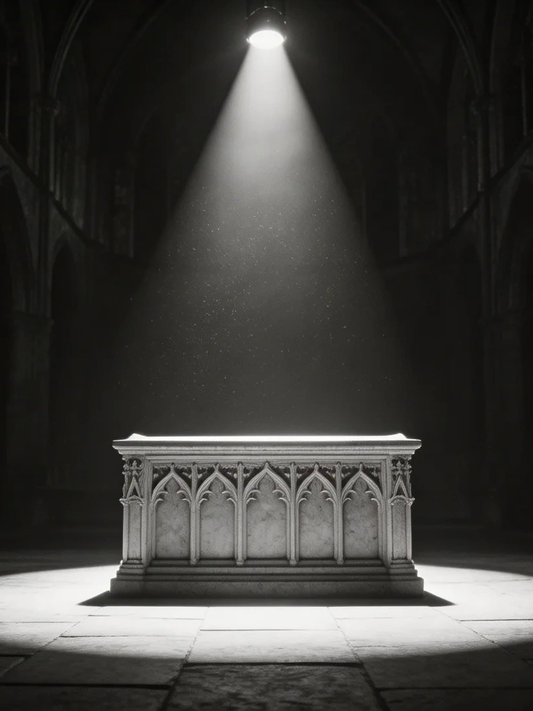 Empty gothic stone altar under a single spotlight