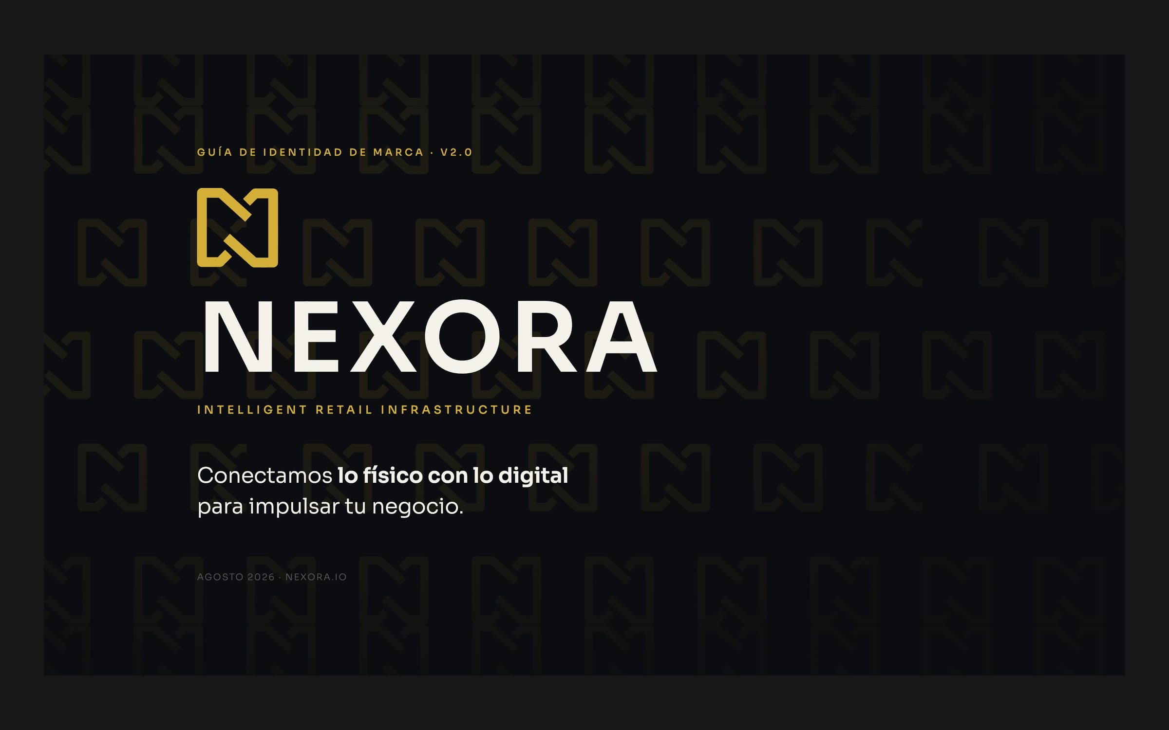Cover of the Nexora brand identity guide in dark tones with the gold logo
