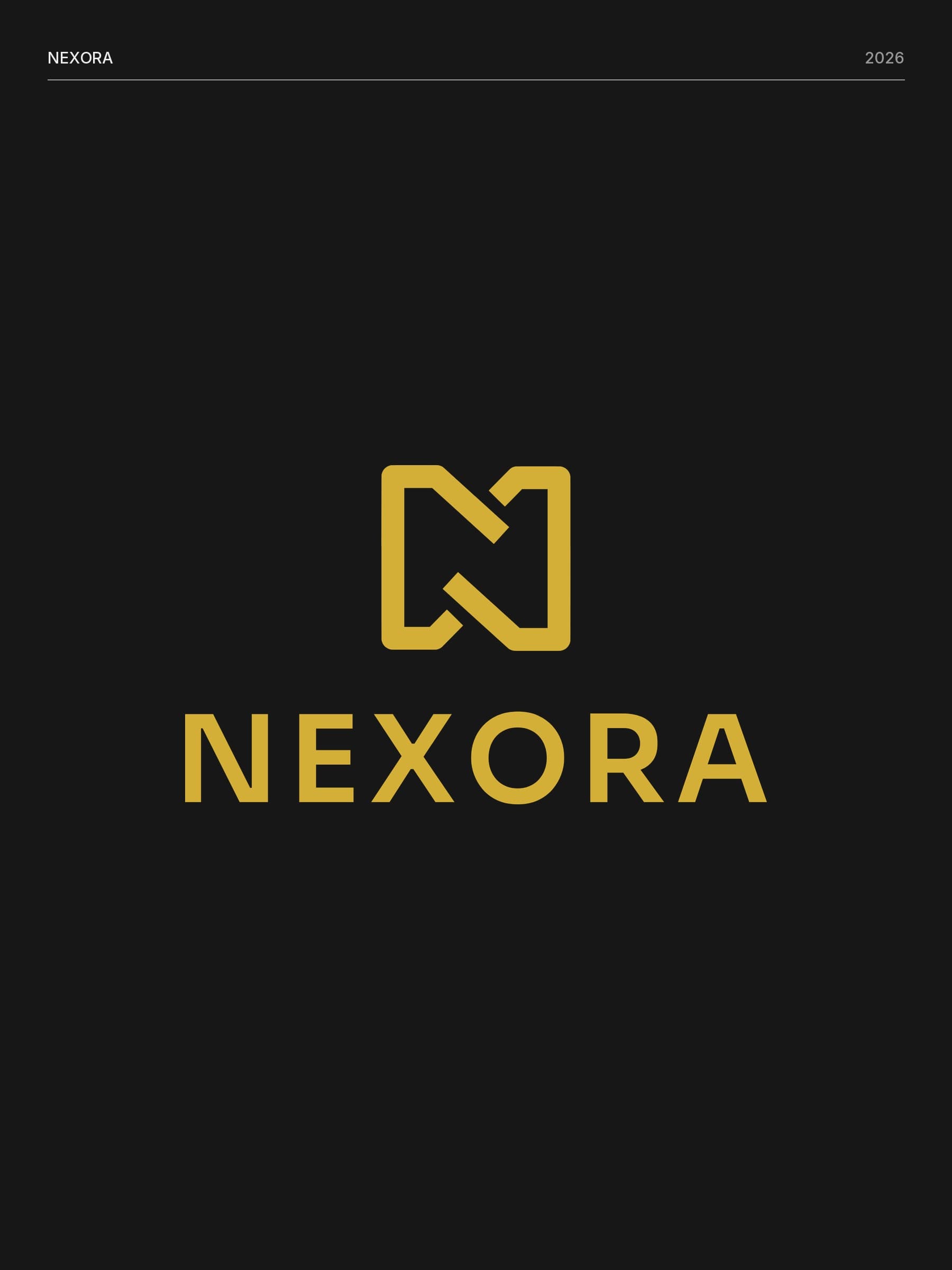 The Nexora logo, a gold N made of two interlocking set squares above the word NEXORA, on a dark background