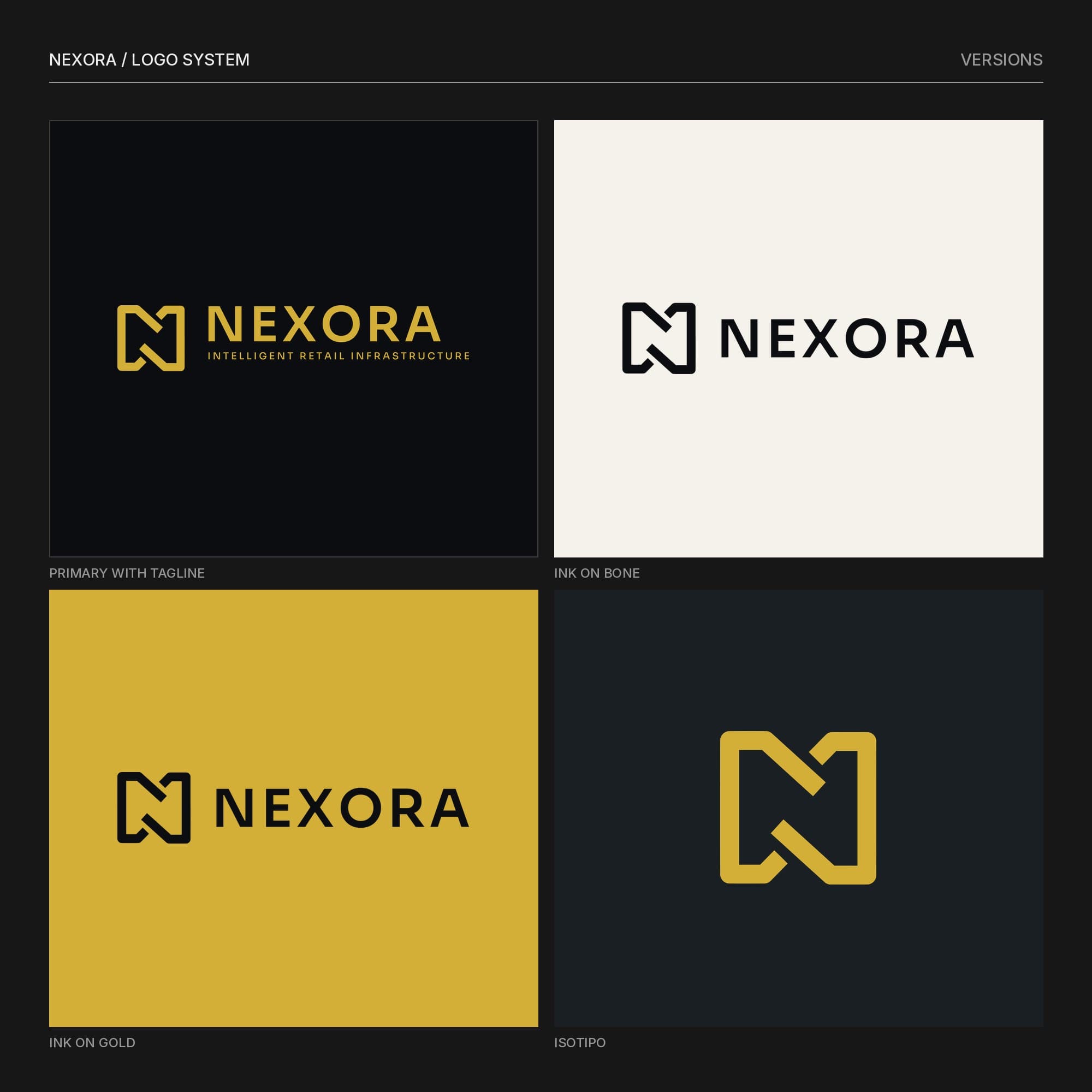 Four Nexora logo versions: gold with tagline on black, ink on bone, ink on gold and the gold symbol on graphite