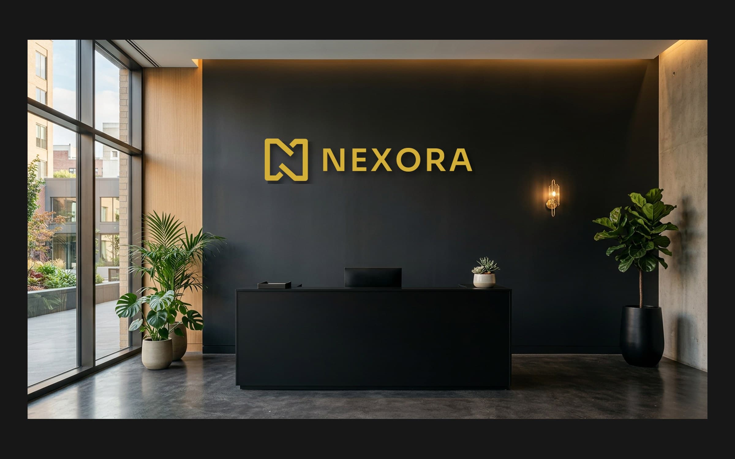 Mockup of the gold Nexora logo mounted on a dark reception wall